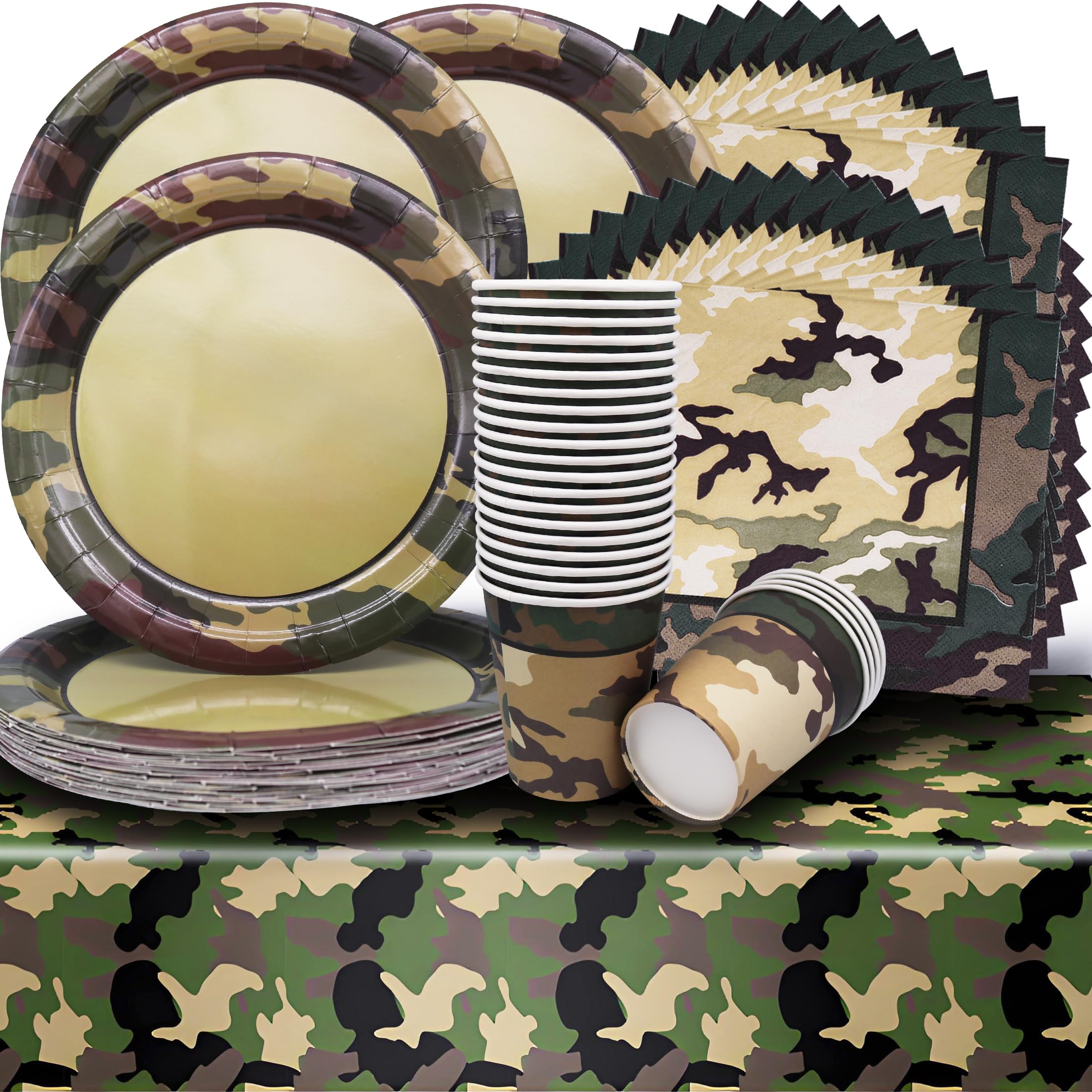 Set di stoviglie mimetiche per feste da 24 ospiti, piatti piani, temi di compleanno dell'esercito, decorazione da tavolo, campeggio, feste all'aperto