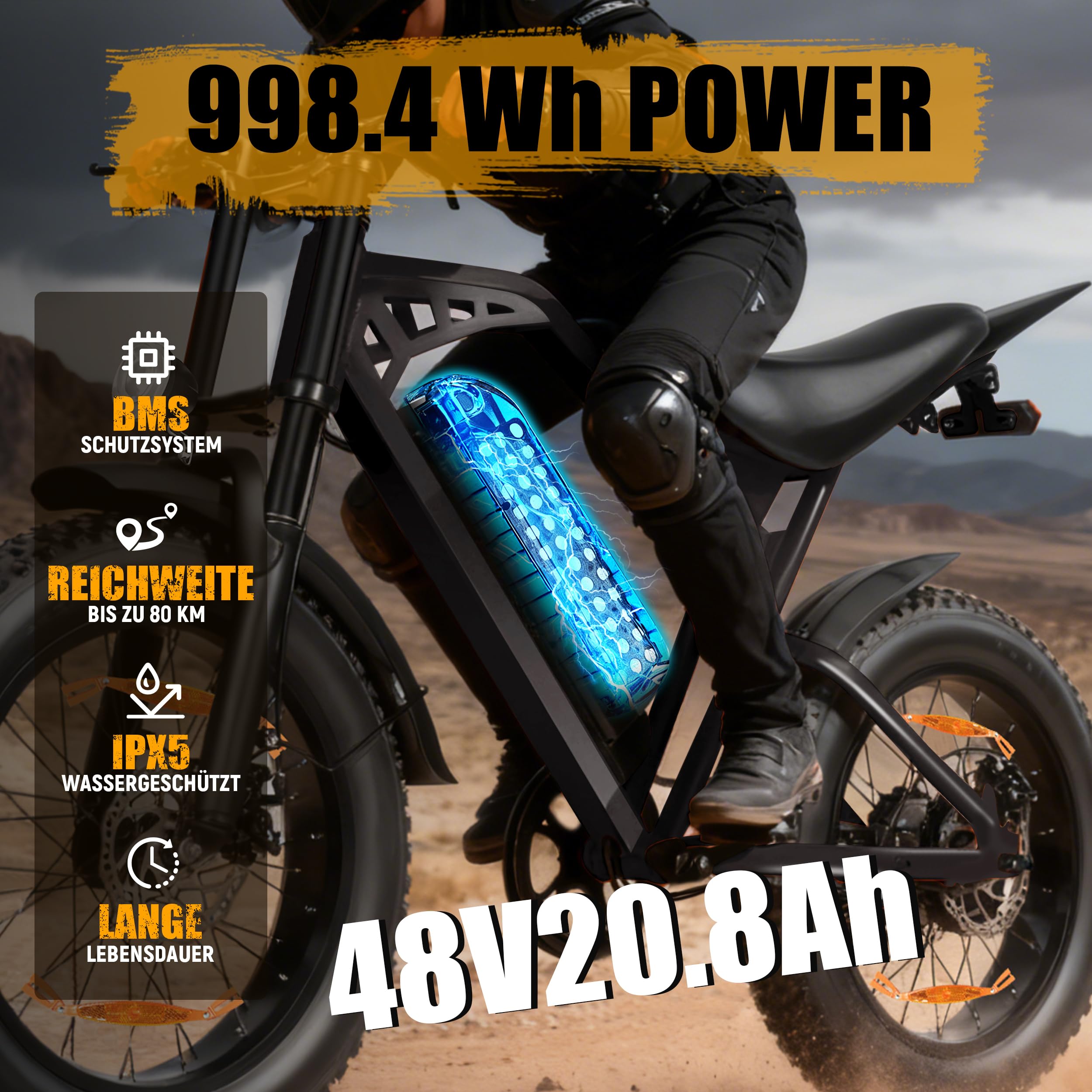 ESKUTE V202 E-Bike für Herren, 20×4 Zoll Fat Tire Offroad Elektrofahrrad mit 48V 20.8Ah Akku, NFC Entsperrung, 80 km Reichweite, Vollfederung MTB für Gelände Schnee Sand