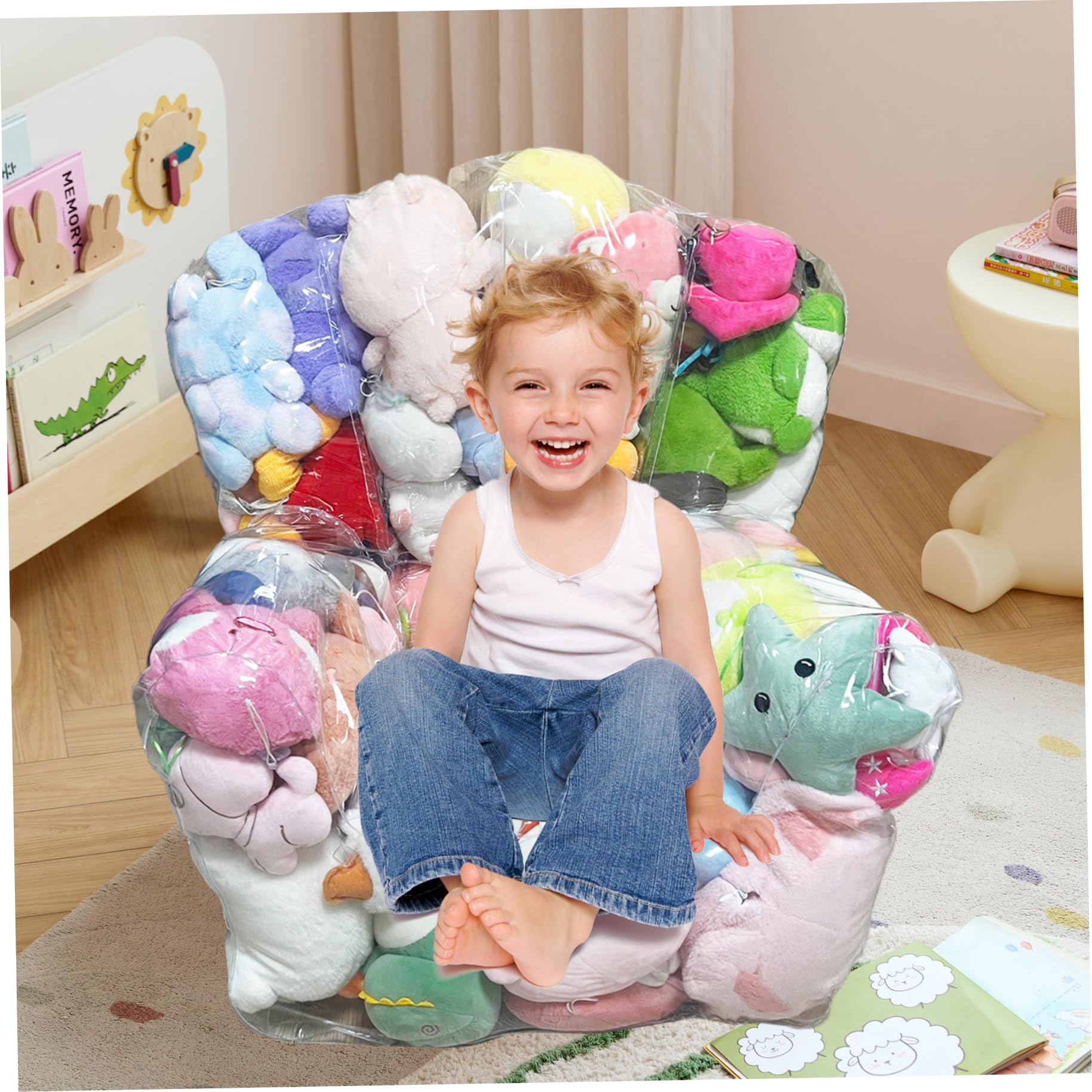 Puf transparente para almacenamiento de animales de peluche, bolsa organizadora impermeable de PVC para niños con cremallera, almacenamiento de juguetes de peluche para dormitorio y sala de jueg