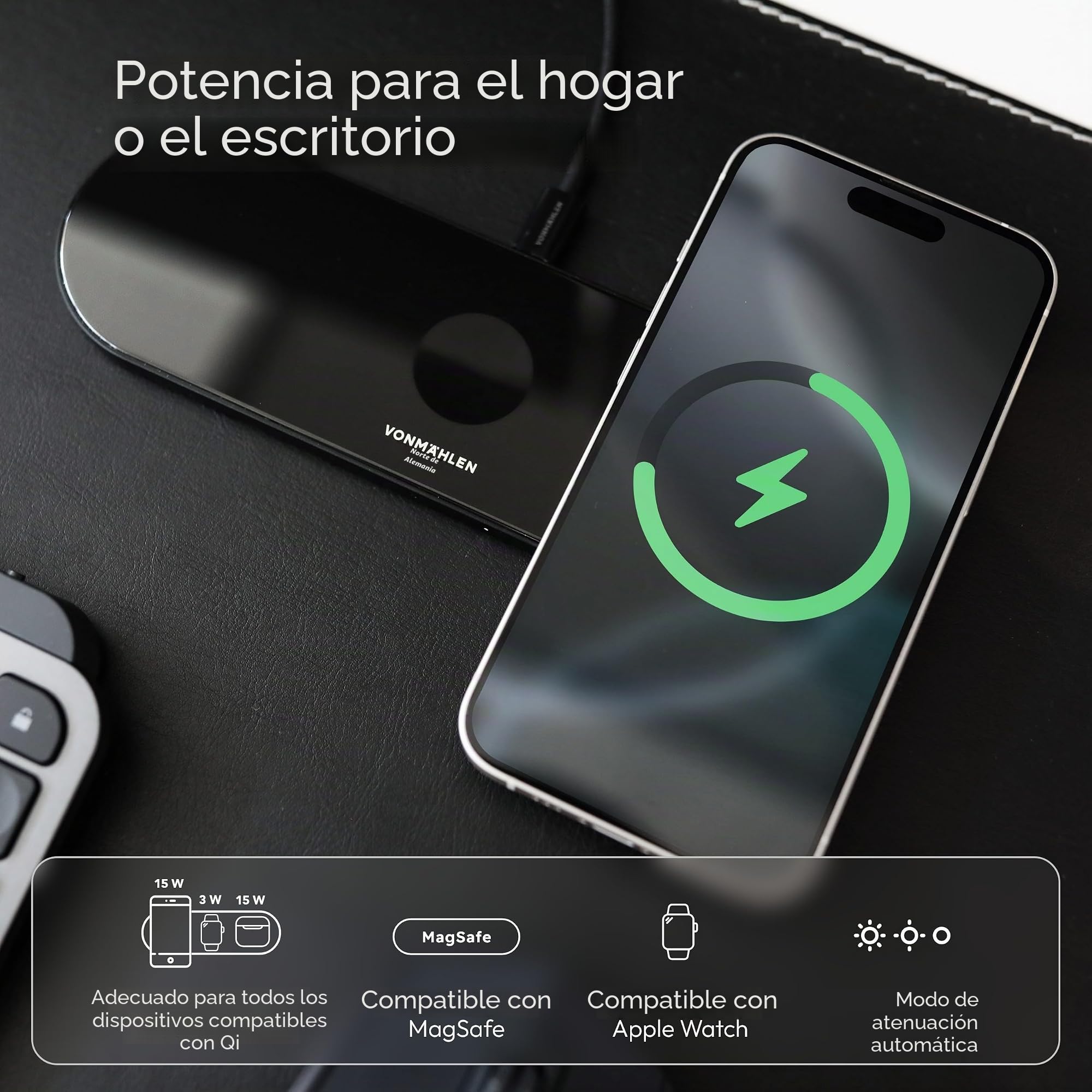 Vonmählen Aura Home - estación de Carga inalámbrica 3 en 1, Compatible con MagSafe, Carga rápida de hasta 15 W, diseño Elegante y Moderno - Negro