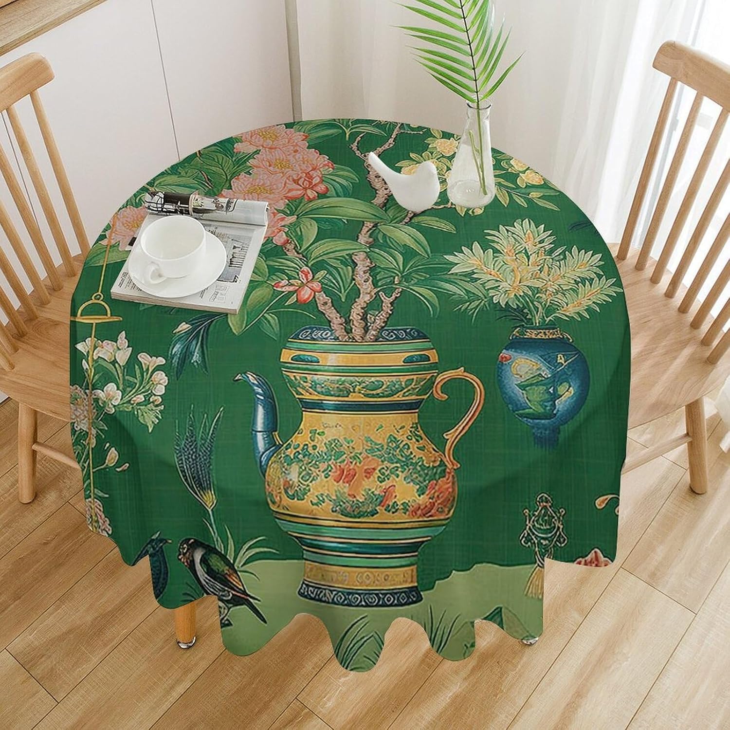 Cheyan Green Red Colorful Chinoiserie Floral Round Tablecloth 70x70in Chinoiserie Asian Style Table Cloth Round Table Cover for Kitchen Dining Room Buffet Banquet Holiday Party Waterproof Table Decor