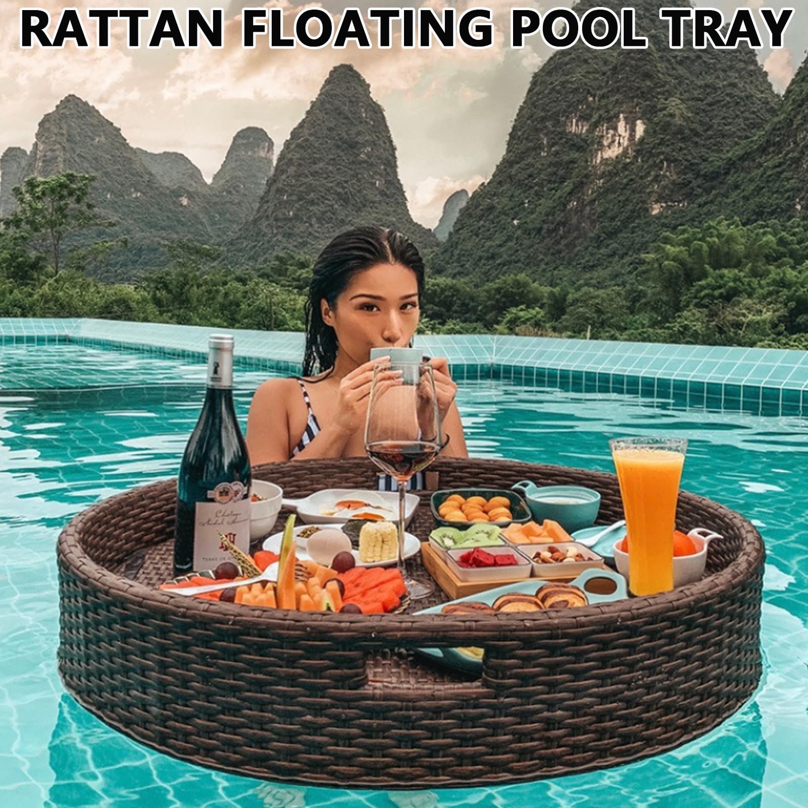 Vassoio galleggiante per piscina, tavolo da biliardo galleggiante in rattan, vassoio multifunzionale per servire cibo per piscine termali e feste estive in piscina, caffè, marrone a forma di cuore, 80