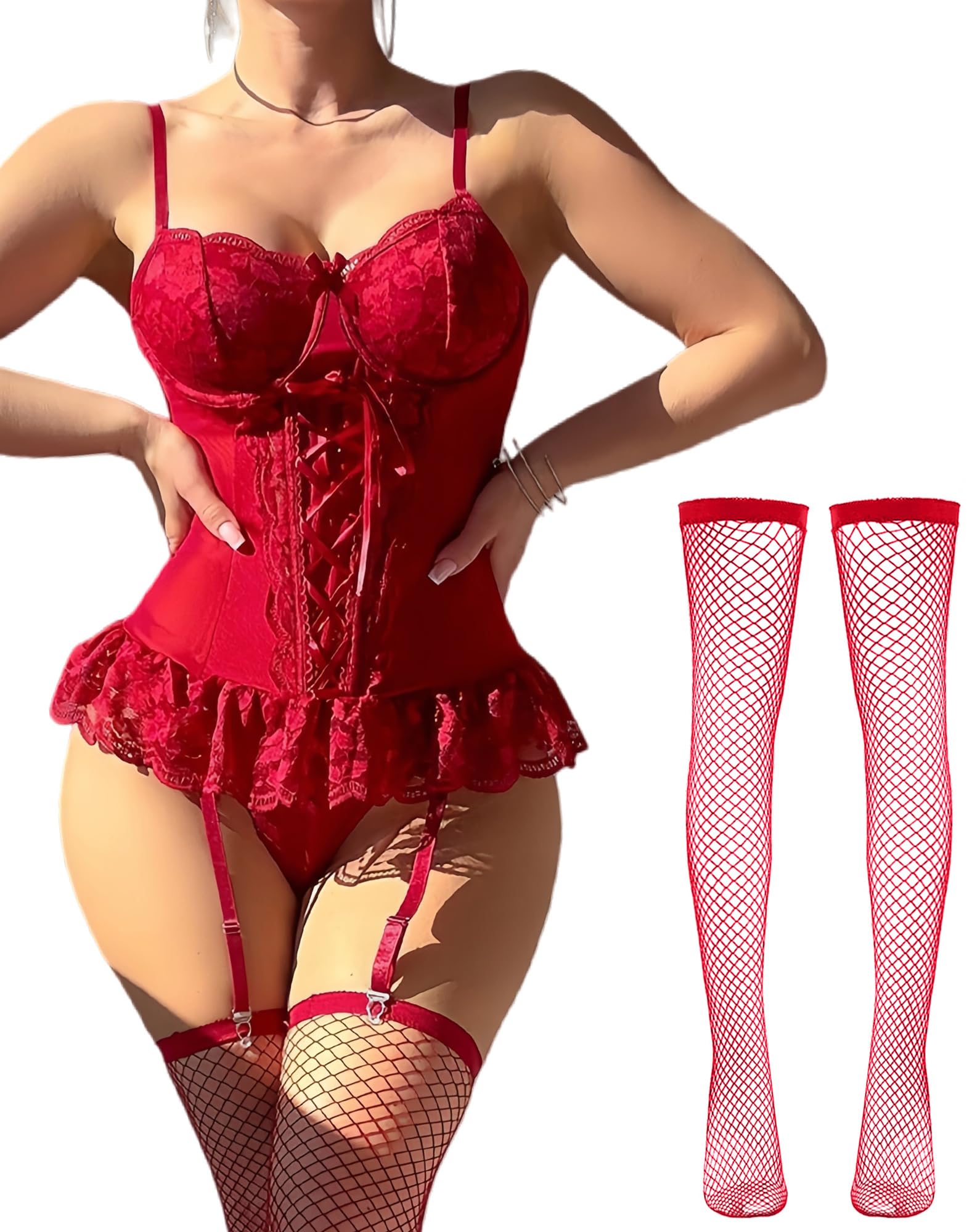 KEOYA Women's Garter Belt Lingerie Dress with Thong and Stockings Set Lace Mesh Sexy Babydoll Underwire Corset Push Up Bodysuit - X-Large - Red