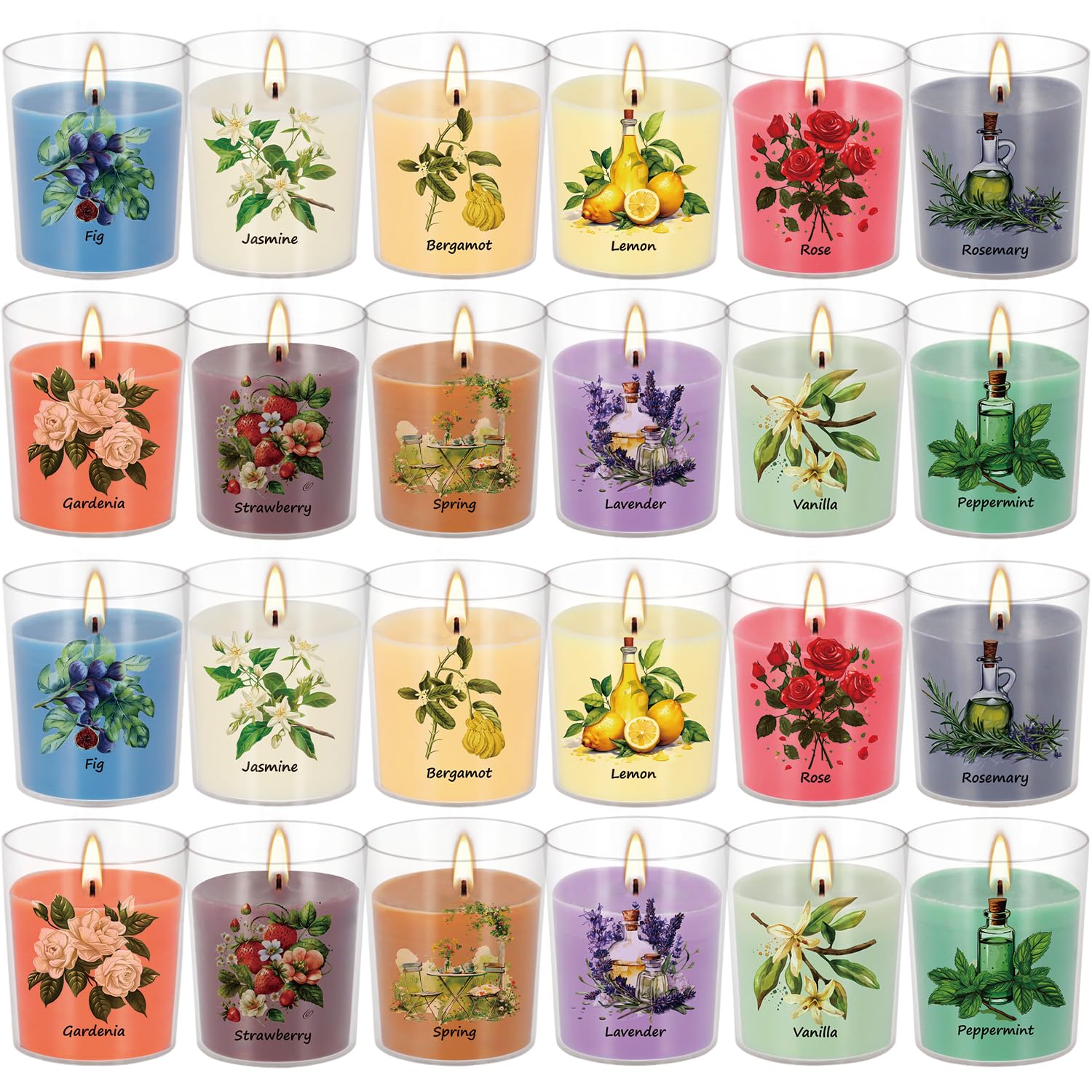 Aromatherapy Candles Set - 24 Pack Scented Candles with 12 Natural Fragrances, Votive Candles in Clear Plastic Jars for Home Decor, Stress Relief, Sleep, Ideal Gift for Women,Mother's Day, Birthday.