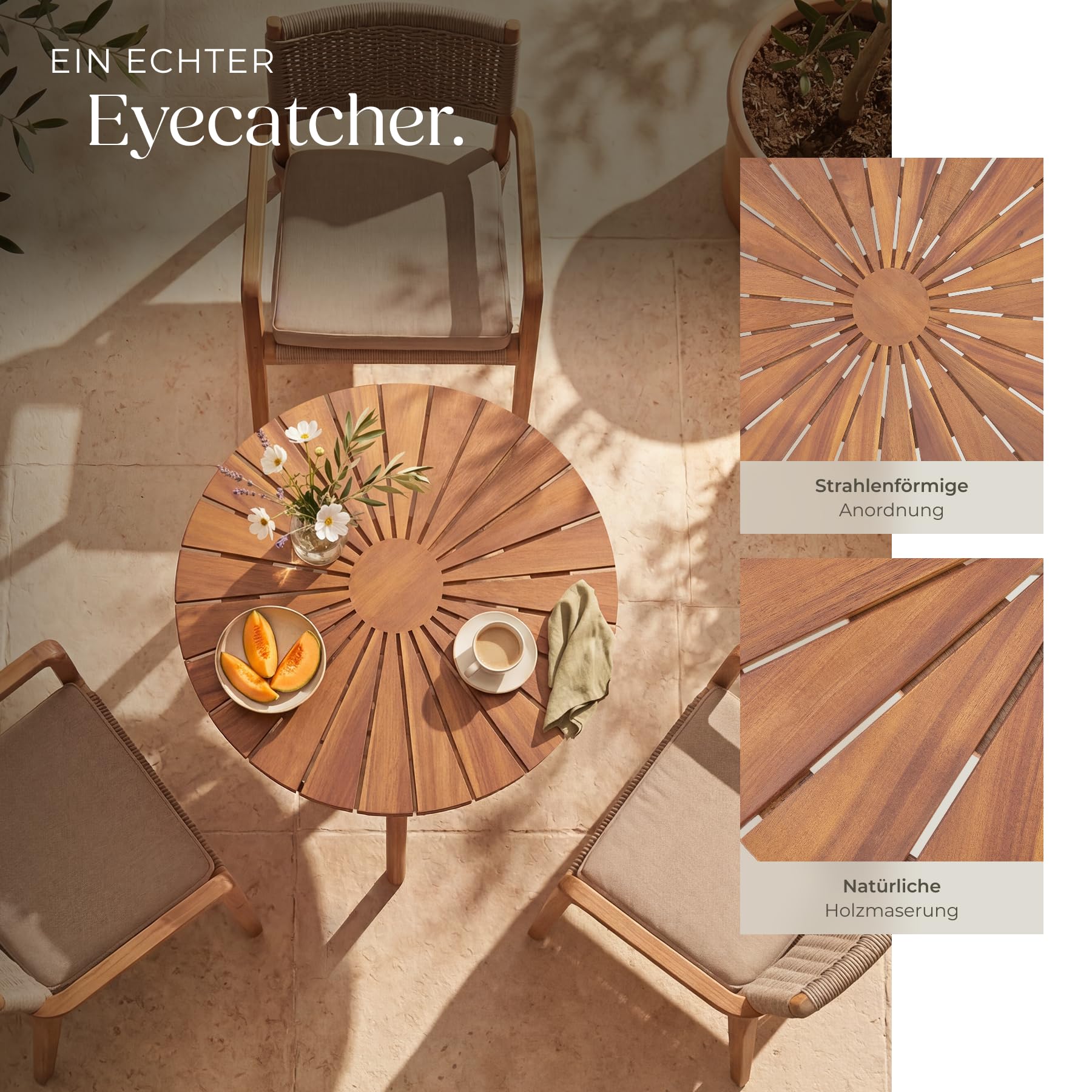 tectake® Massivholz Gartentisch, 70 x 70 x 62 cm, rund, wetterfest, X-Gestell, höhenverstellbar, Gartenmöbel, Akazienholz Gartentische, Outdoor Tisch, Gartentisch, Tischplatte mit Sonnenmuster