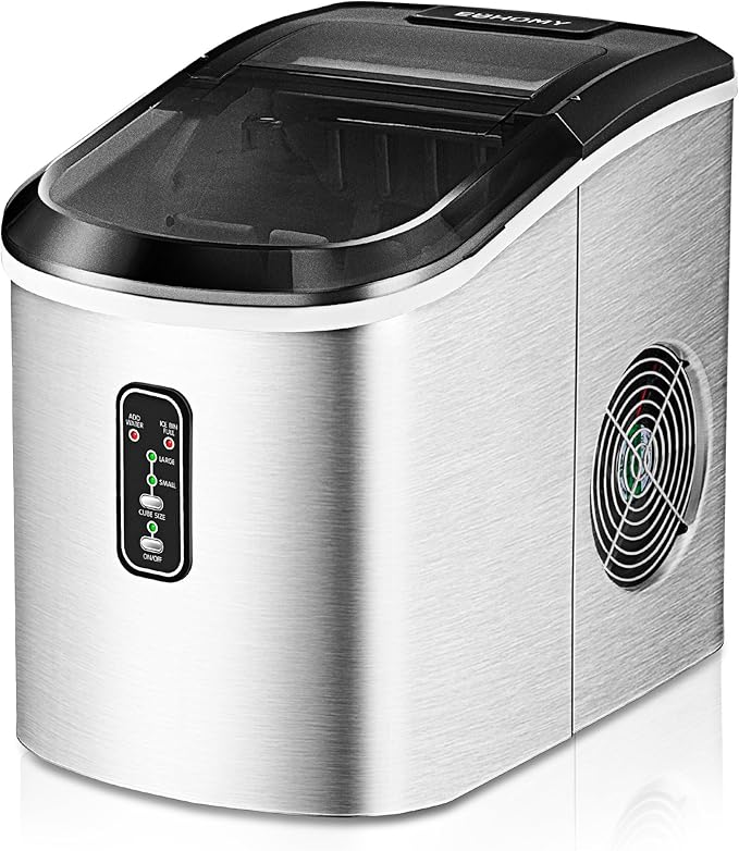 EUHOMY Nugget Ice Maker Countertop with Handle, Ready in 6 Mins, 34lbs Per Day, Removable Top Cover, Auto-Cleaning, Portable Sonic Ice Maker with Basket and Scoop, for Home/Party/RV/Camping (Silver)