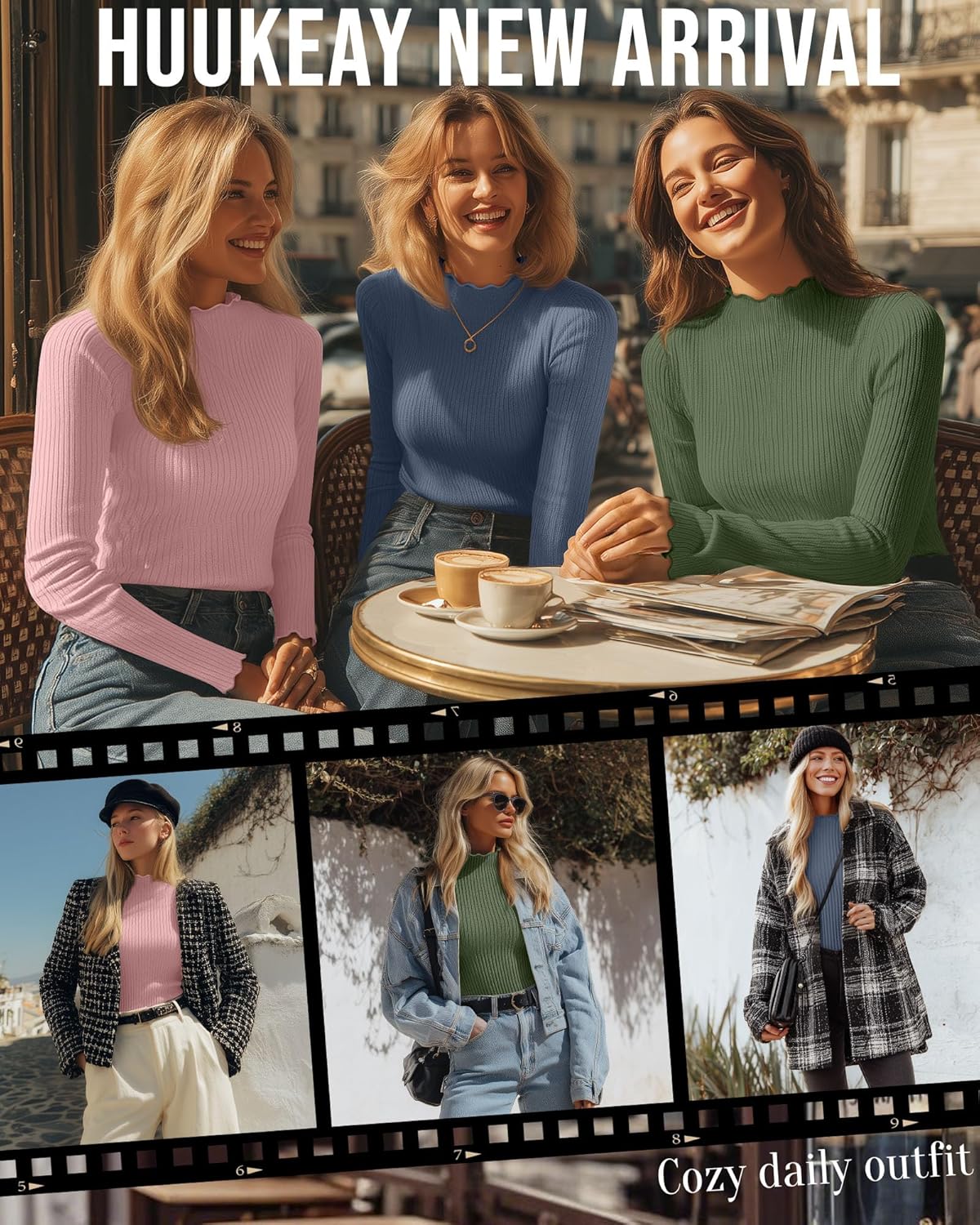 Huukeay 3 Pack Women's Ribbed Mock Turtleneck Shirts Cotton Long Sleeve Tops Lettuce Trim Slim Fit Soft Tees for Layering - Image 4