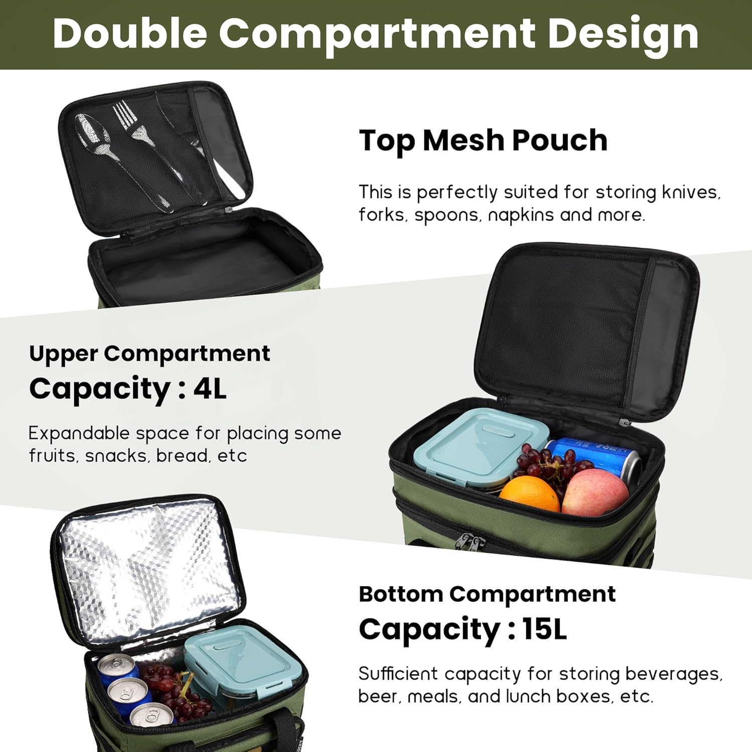 19L Tactical Lunch Box for Men Heavy Duty Insulated Lunch Bags for Adults Expandable Double Deck Leakproof Large Lunch Bag Cooler for Work Picnic Travel(Green)