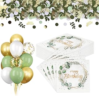Pack of 30 Happy Birthday Napkins + 100 Pieces Confetti Birthday Decoration + 20 Pieces Balloons - Table Decoration for Birthday Parties, Paper Napkins for Wedding, Spring, Easter, Table Decoration