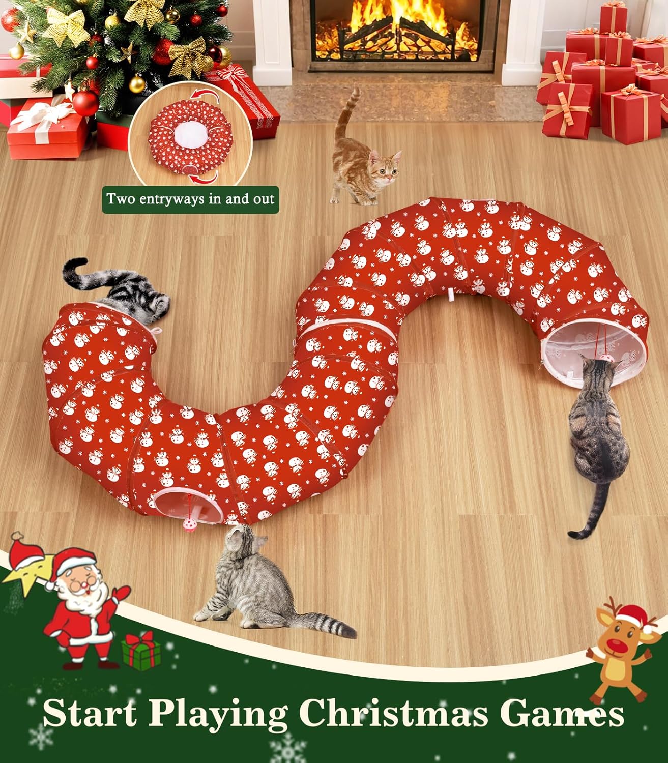 Pawaboo Cat Tunnel Bed Under Christmas Tree, 35.4'' Christmas Cat Toy Circle Tunnel with Ball, Cats Tunnels Christmass Tree Skirt Decorative Festive Foldable Kitty Tube Tunnels for Cats(Red Snowman)