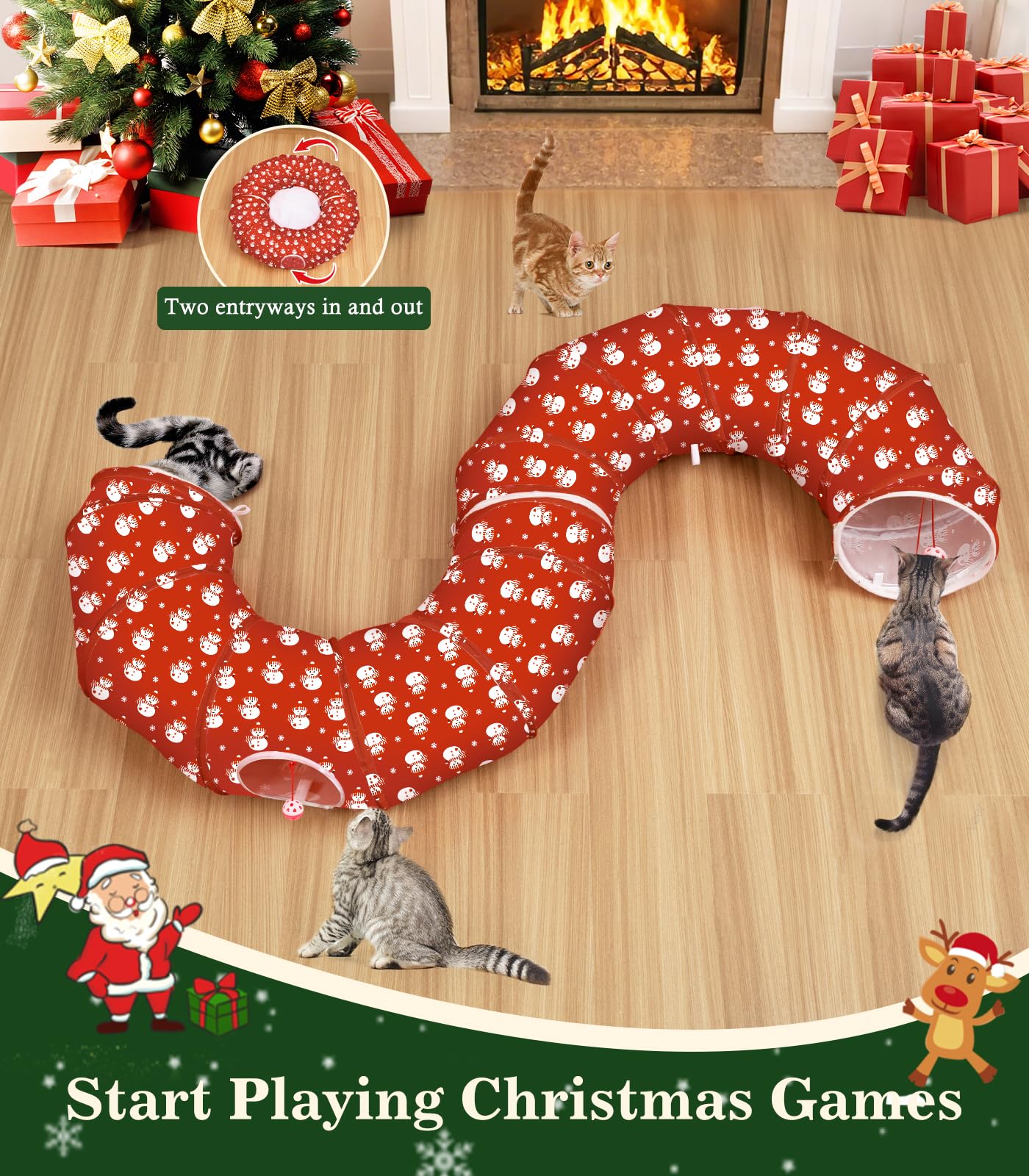 Pawaboo Letto a Tunnel per Gatti Sotto l'Albero di Natale, 35,4" Tunnel Giocattolo per Gatti a Cerchio con Palla, Tunnel Decorativo Natalizio Pieghevole a Tubo per Gattini (Pupazzo di Neve Rosso)