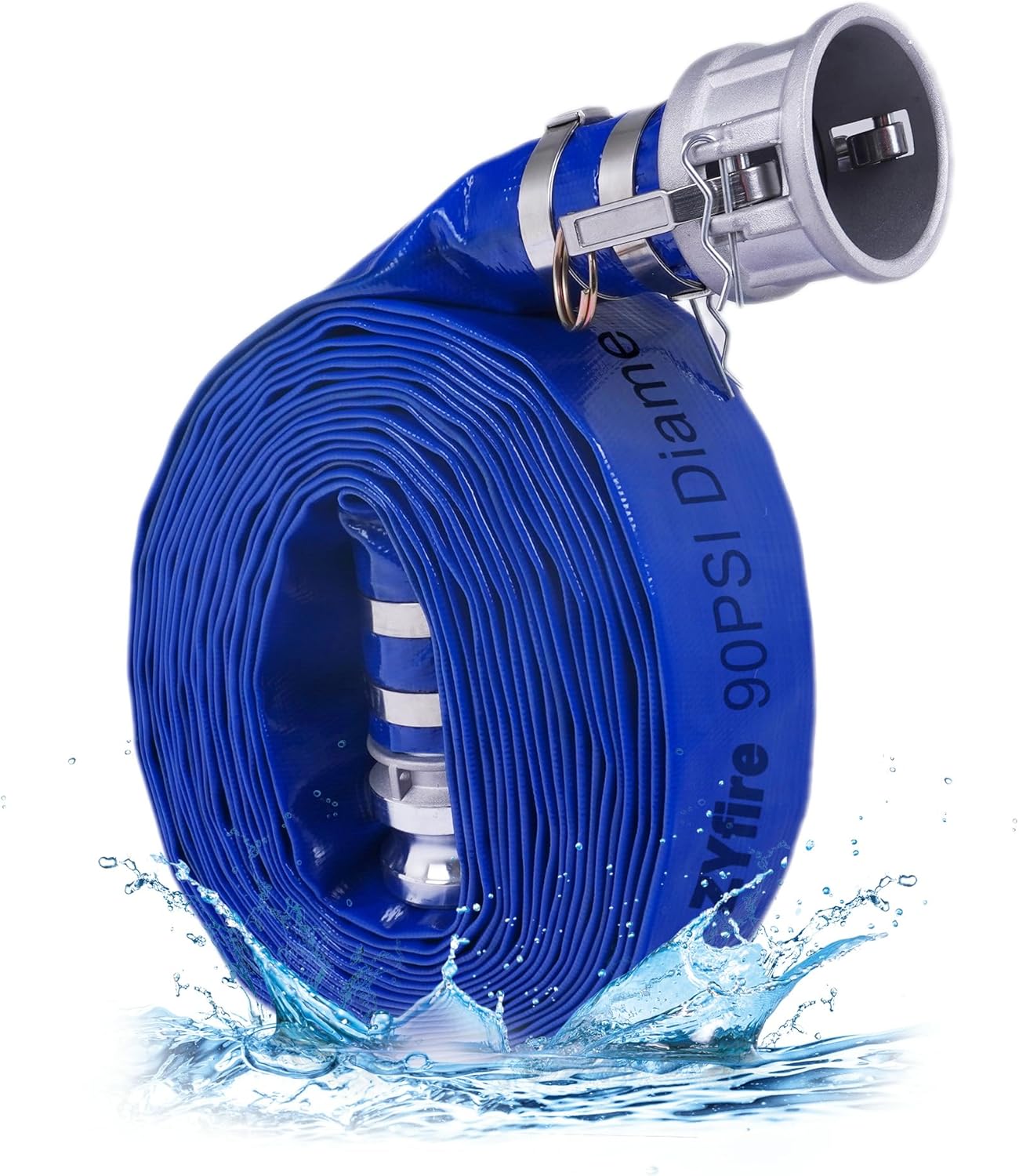 ZYfire Backwash Hose - 2" x 50 FT PVC Lay Flat Discharge Hose with Aluminum Camlock C & E Fittings Heavy Duty Reinforced Pump Discharge Hose Weather and Burst Resistant for Pool Drain, Sump Pump