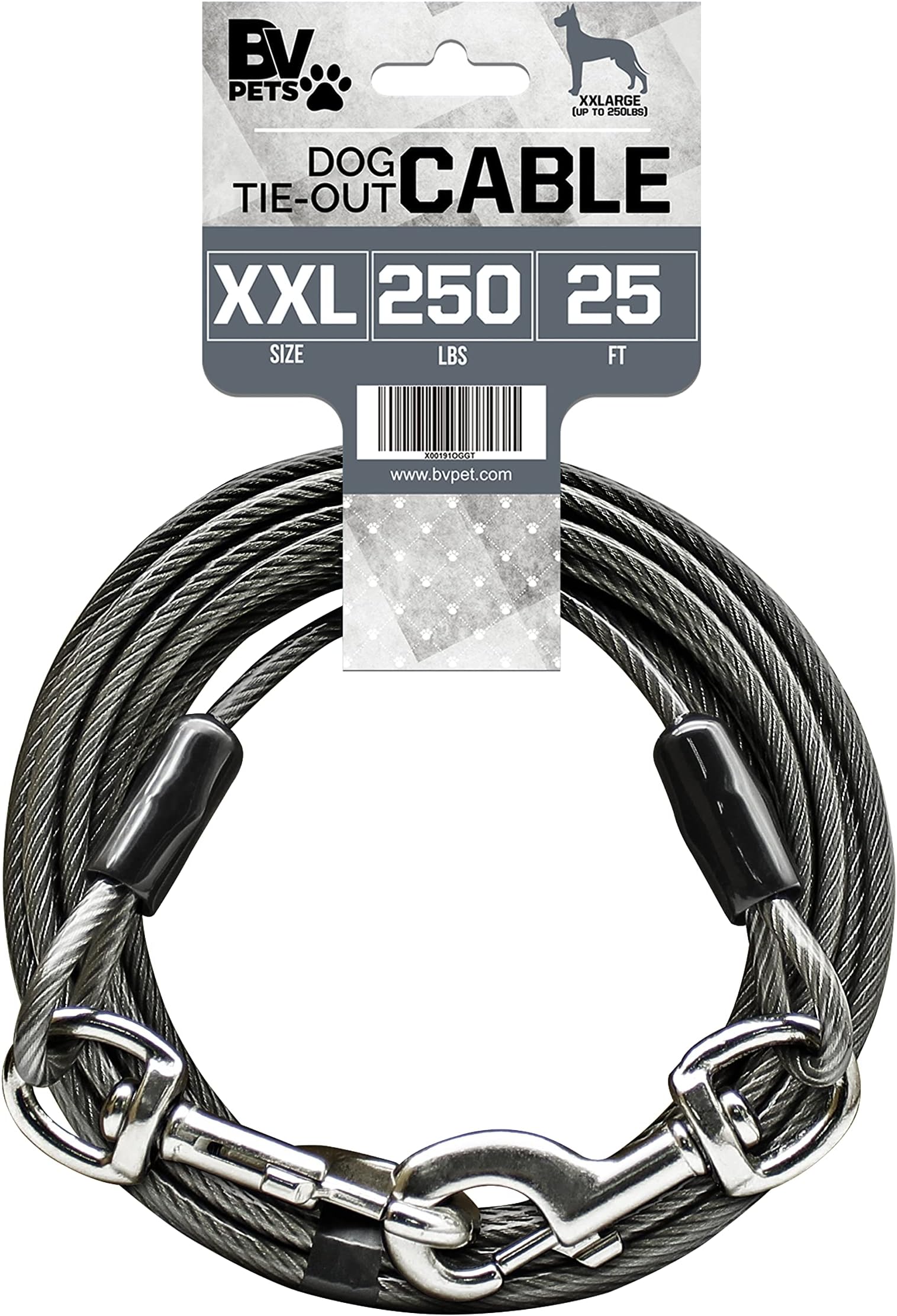 BV Dog Tie Out Cable 25 Feet - Dog Leads for Yard Heavy Duty - Up to 250 Pounds | Tie Out Cable for Dogs, Reflective Dog Lead, Dog Cable 25ft | Rust Free Dog Chain for Yard Outdoor (Gray)
