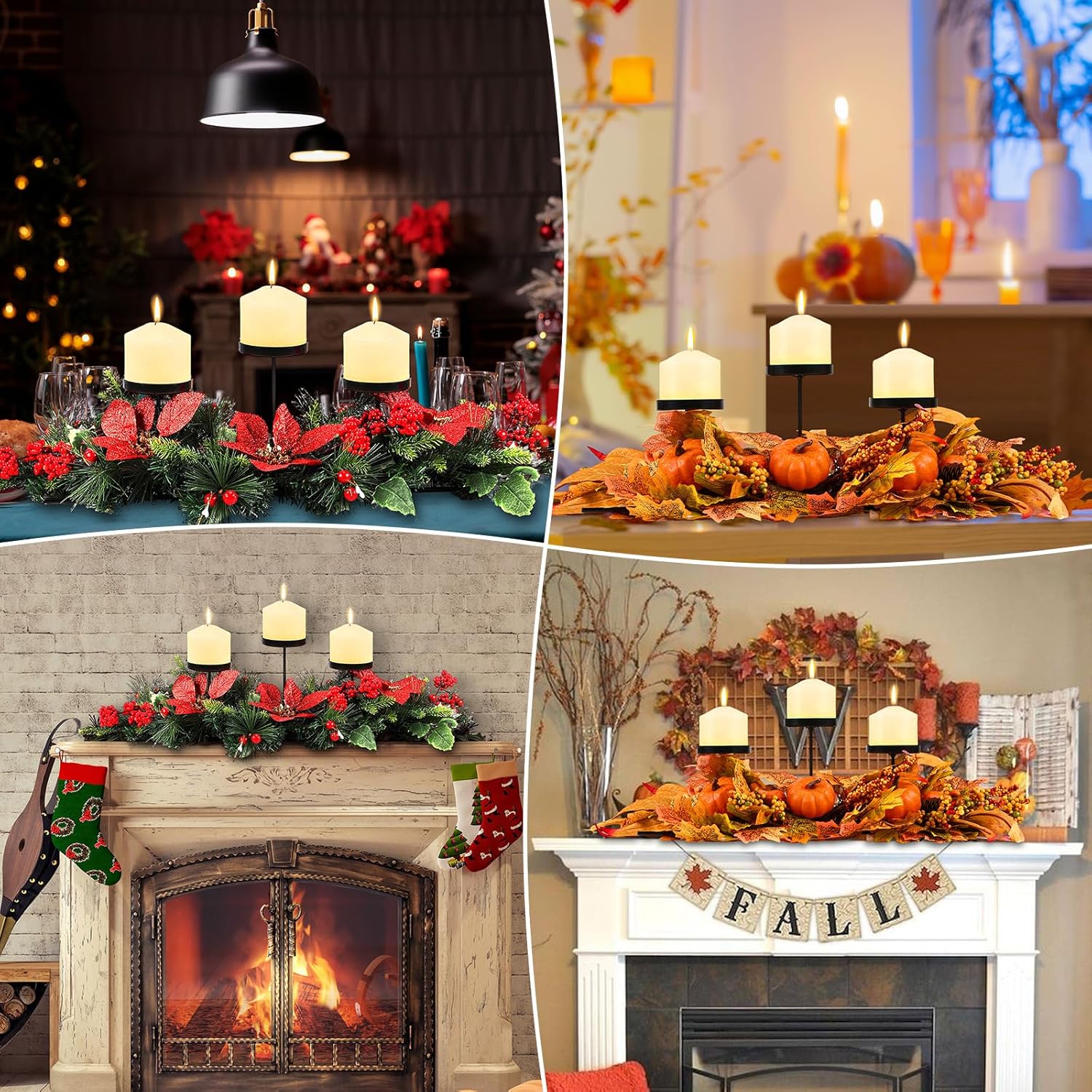 Meonum Christmas and Thanksgiving Centerpiece Table Decorations with 3 Candle Holders, 3 Poinsettia, 3 Thanksgiving Pumpkin Centerpiece, Christmas Centerpieces for Dining Room Fireplace Table Decor