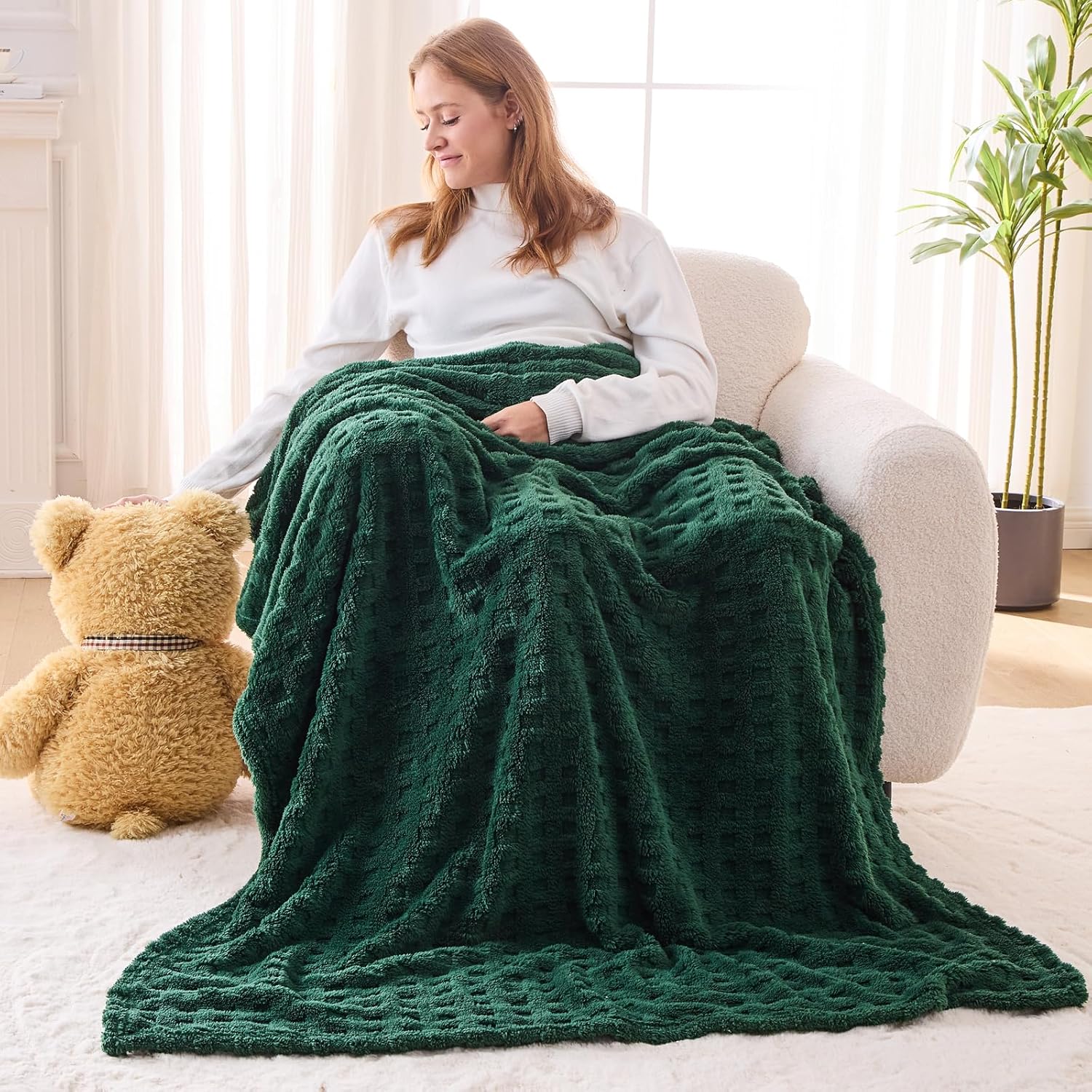 NEWCOSPLAY Super Soft Throw Blanket Green Premium Silky Flannel Fleece 3D Waffle Checkered Lightweight Bed Blanket All Season Use (Dark Green, Throw(50"x70")) - Image 2