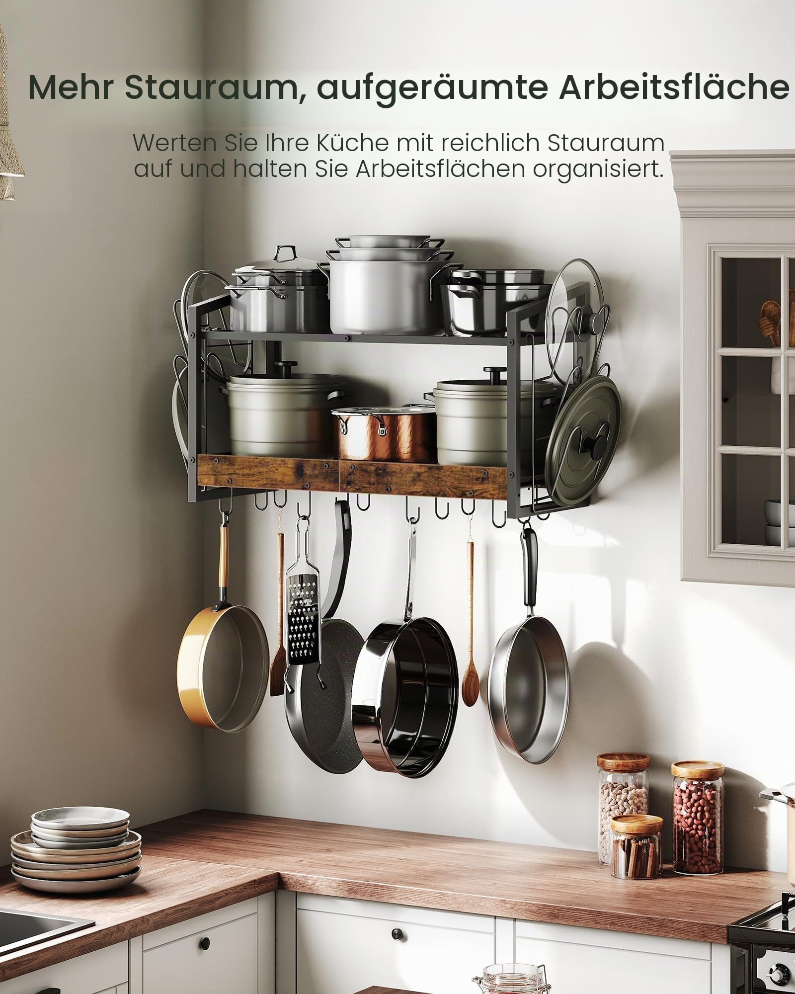 CHOEZON Wandmontiertes Küchenregal, 2-stöckiger Topfdeckelhalter, Topf-Rack, Pfannenhalter, Geschirr- und Küchenutensilienhalter, Küche Wandregal mit 12 Haken, Vintagebraun und Schwarz DTPR02BF