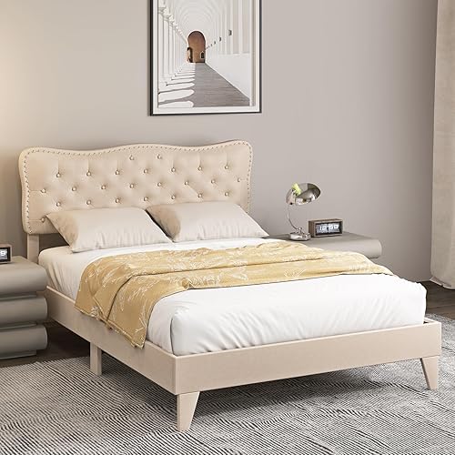 Miniatura 10 de Giantex Base de cama tamaño matrimonial color beige, plataforma tapizada de tela de lino con cabecera de clavos, base de colchón con botones y