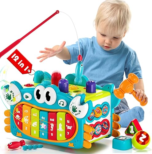 Miniatura 1 de Juguetes Montessori de cangrejo 12 en 1 para niños de 1 año, juguetes martilladores con música y luces, cubo de actividades ocupadas juguetes