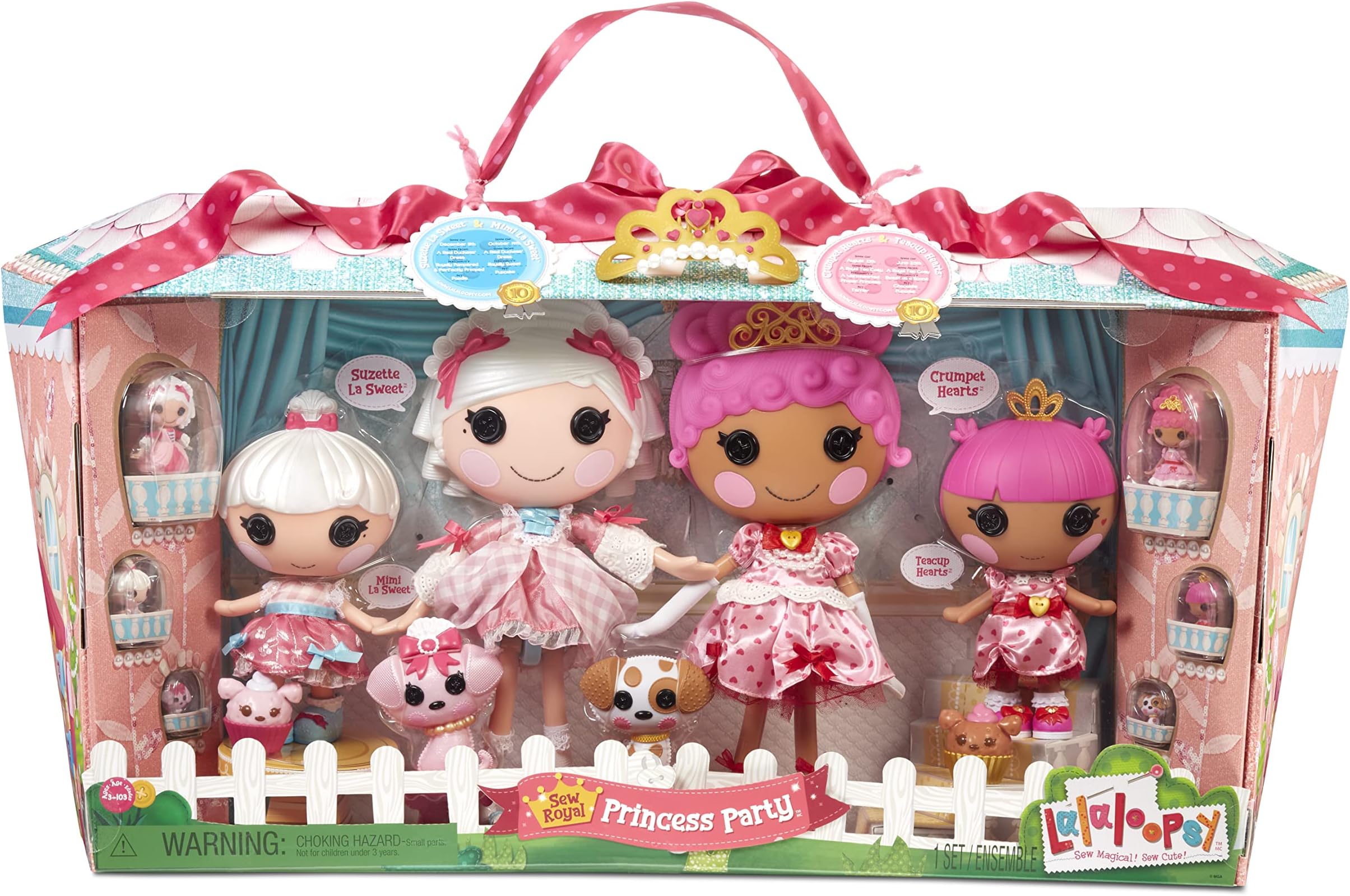 Sew Royal Princess Party 8 Pack - Crumpet & Teacup Hearts + Suzette & Mimi La Sweet, 8 Princess Dolls (Classic + Littles + Minis) + 6 Pets & Tiara, in Reusable Castle Package, Ages 3-103