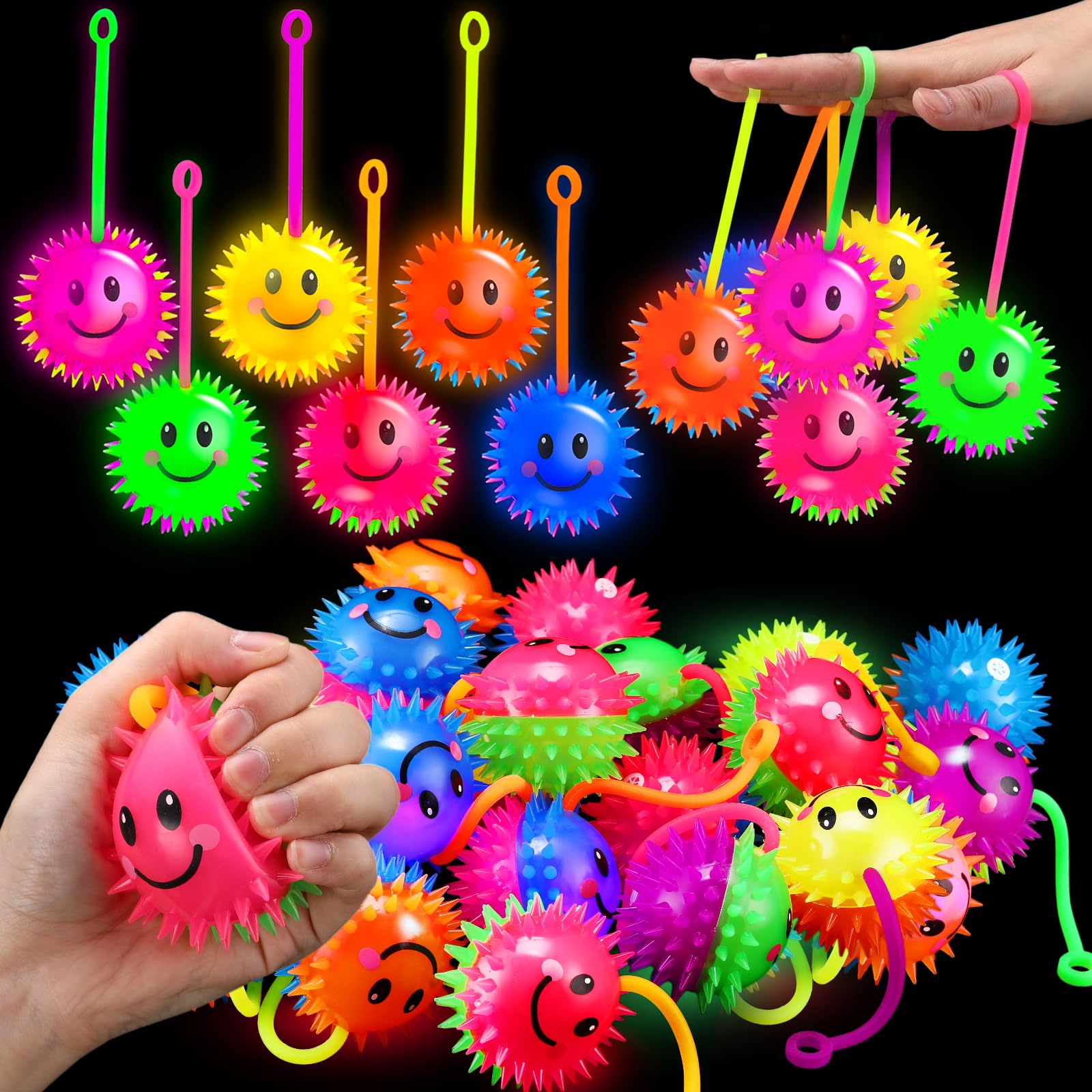 Sotiff 30 Pcs LED Smile Face Bouncy Balls Light up Spiky Rubber Ball Smile Squeaky Relief Toy for Teens Valentine's Day Party Favors, Goodie Bag Stuffers Glow in Dark Colleague Classroom Prize