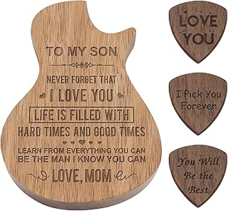 Engraved Guitar Pick Box For Son, Guitar Shaped Guitar Pick Box For Son, Personalized Wood Guitar Picks Box,Plectrum Container with 3 Pcs Guitar Pick for Guitar Standard Picks (To Son from Mom)