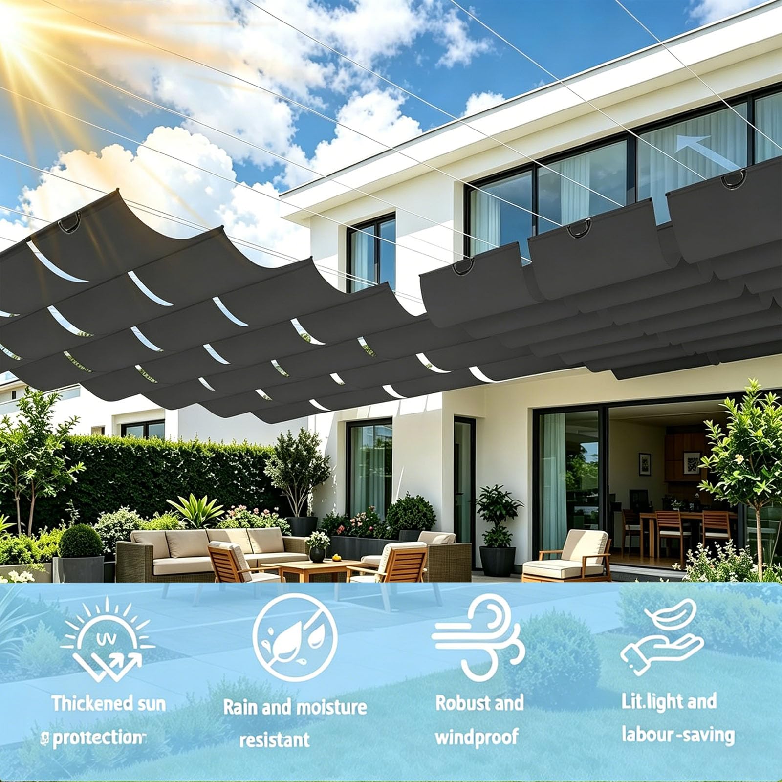 Einziehbare Welle Sonnensegel 300 x 600 cm mit Wasserdichtem & Uv-Beständigem Segeltuch, Reißfeste Schattenabdeckung Aufrollbar Segeltuch Markise für Outdoor Balkon, Dunkelgrau