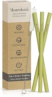 Ibambo 10 Pack Natural Bamboo Drinking Straws - Eco-Friendly, Sustainable, Reusable Straws -8 inch Bamboo Straws with Stra...