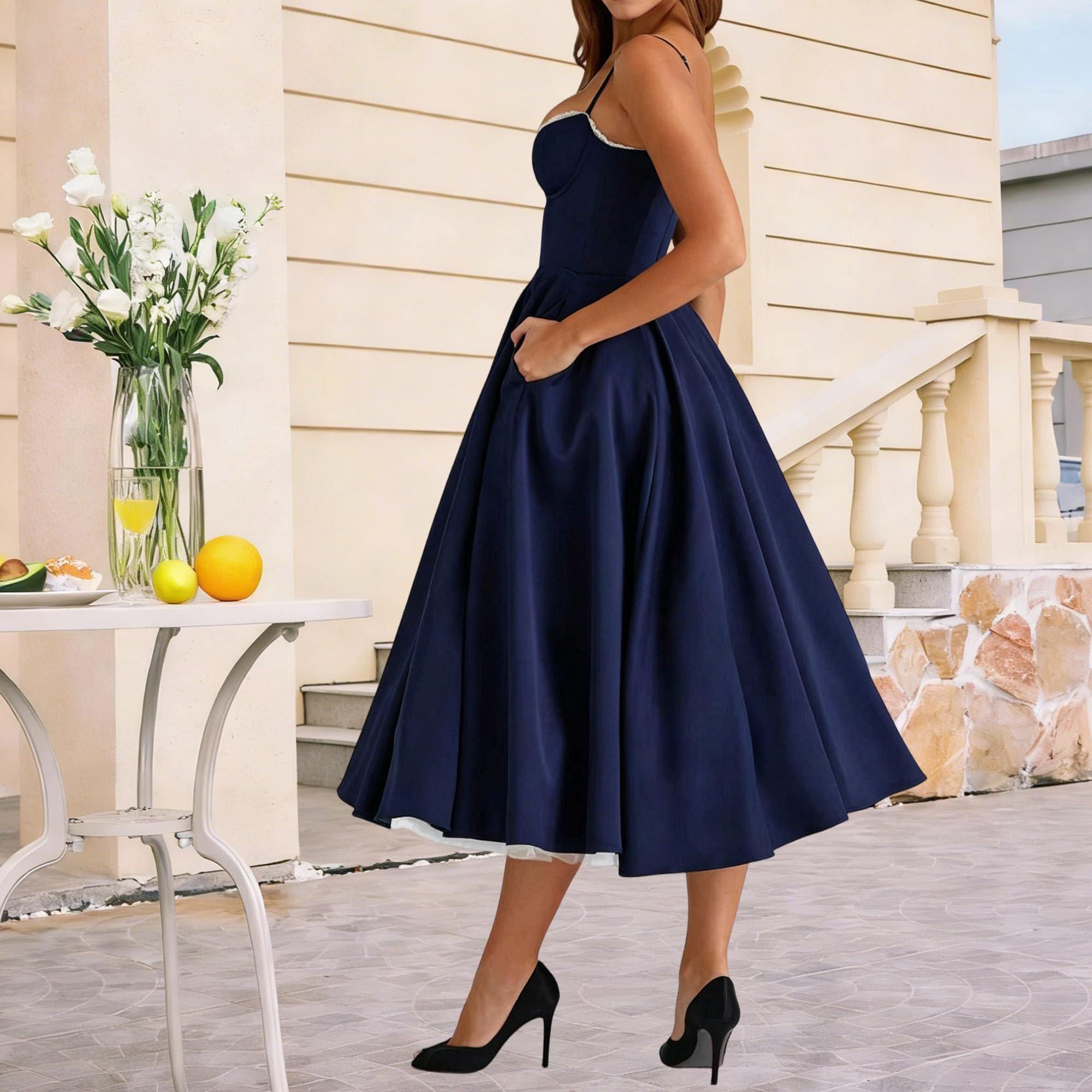 Vestido midi de satén con tirantes delgados y cintura para mujer | Sensación de tela de satén, detalle de cintura de corsé, diseño de capa de malla, estilo sin mangas, para ocasiones de fiesta