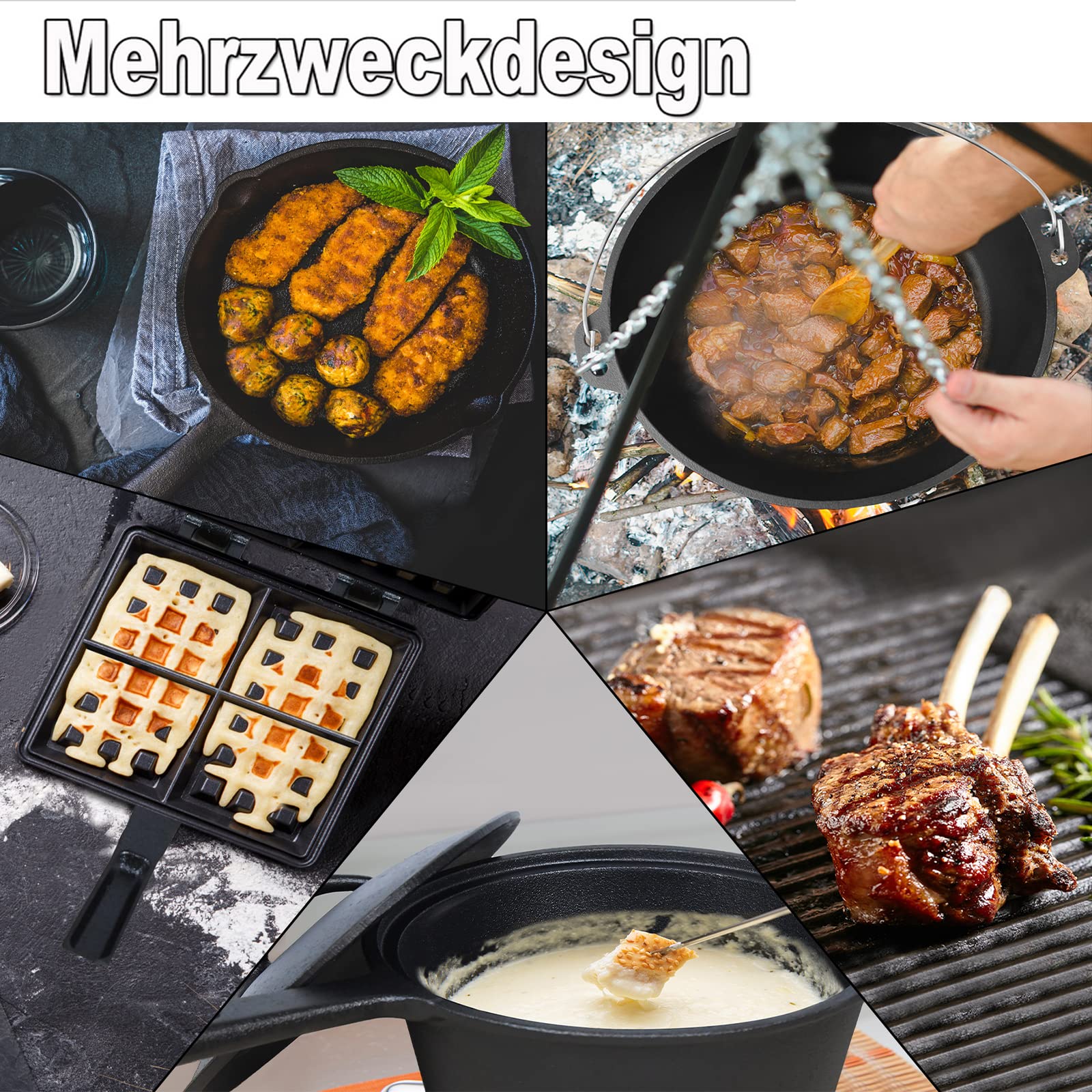 YRHome Dutch Oven Set de 11 pièces dans une boîte en bois avec four à néerlandais avec casserole en bois, casserole à gril, poêle à gaufres