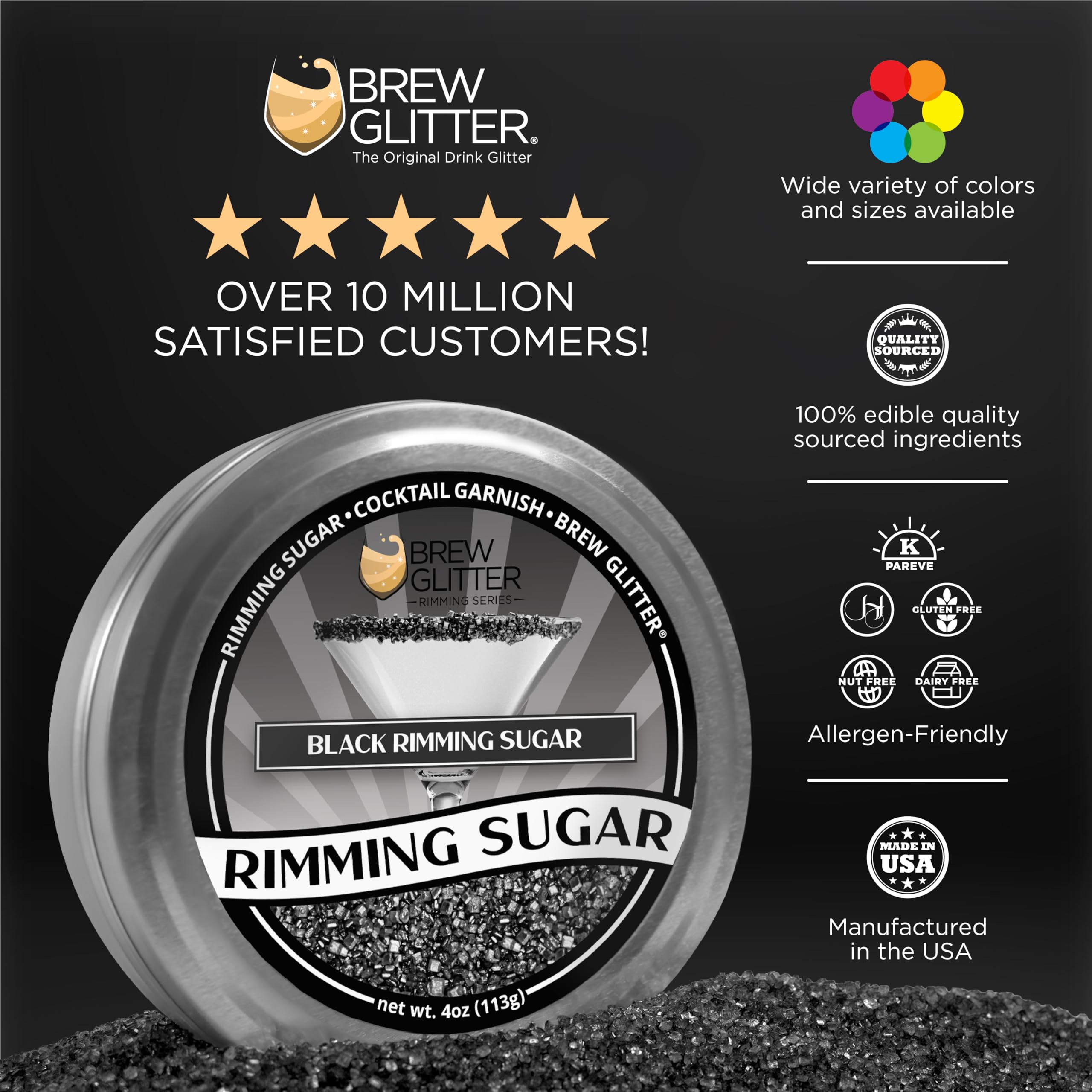 Brew Glitter - Black Rimming Sugar (1LB, 1x Resealable Bag) Cocktail Garnish for Mixed Drinks & Refreshments