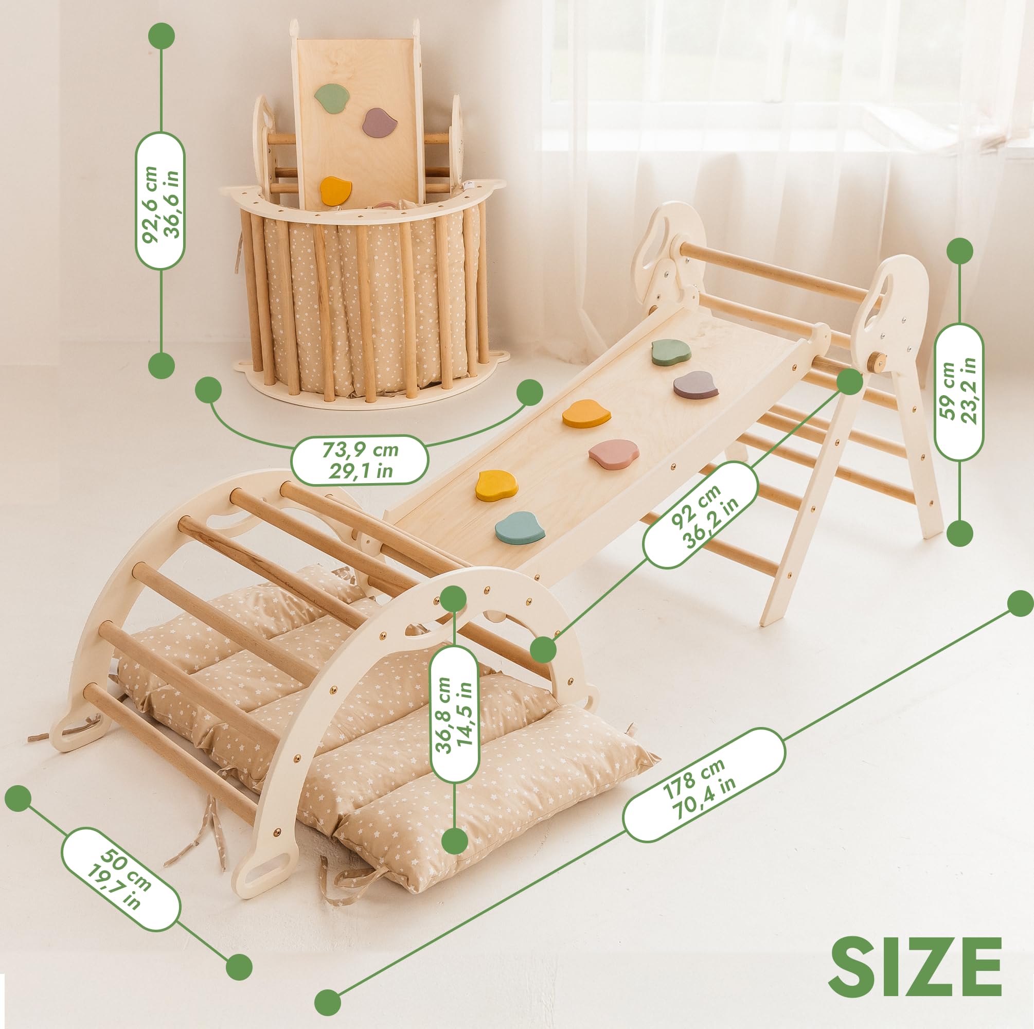 Goodevas Rama wspinaczkowa 5 w 1 dla dzieci - trójkątna drabina, łuk wspinaczkowy, deska i poduszka, rama wspinaczkowa Montessori, drewniana siłownia dla dzieci w wieku 1-3 lat