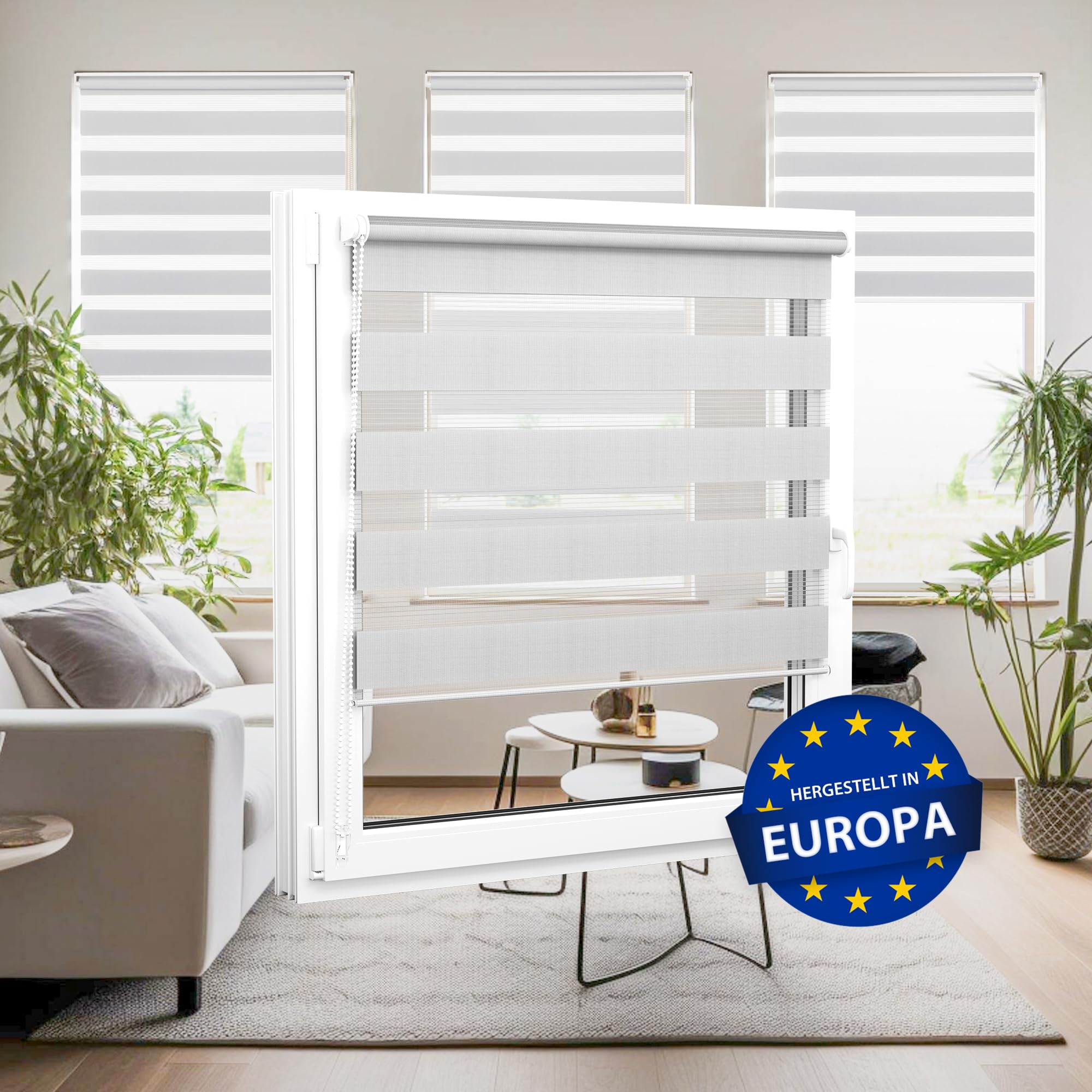 Jalousiescout Doppelrollo Klemmfix ohne Bohren & mit Bohren, 130x210cm Hellgrau Rollo Fensterrollo lichtdurchlässig, Sonnenschutzrollo Zebrarollo für Fenster & Türen