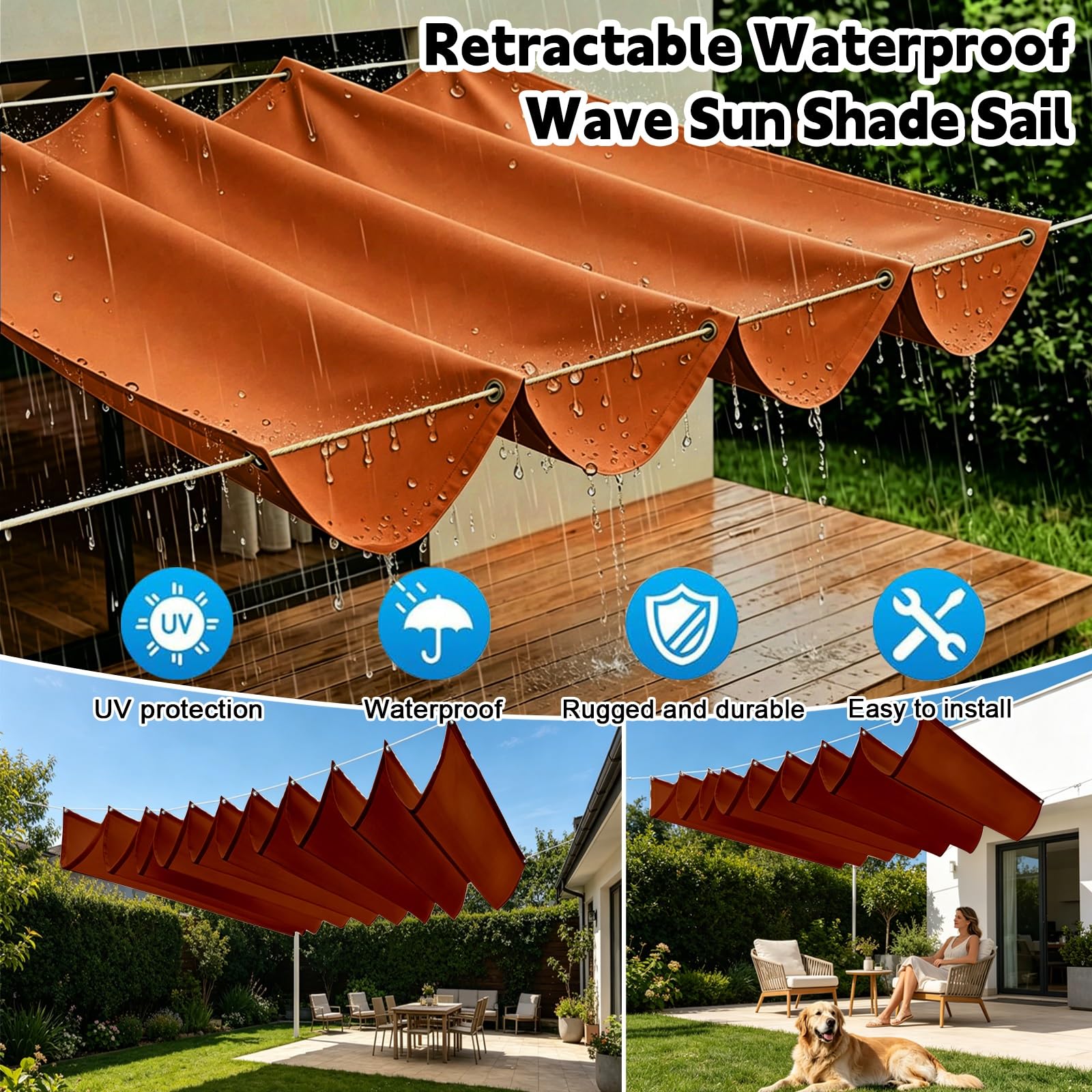 Toldo Retráctil de Onda 100 x 1500 cm con Ojales y Cuerda, Vela Sombra Impermeable y Rectangular con Bloqueo UV y Resistencia a Desgarros para Terraza Jardín Balcón Pérgola, Rojo óXido