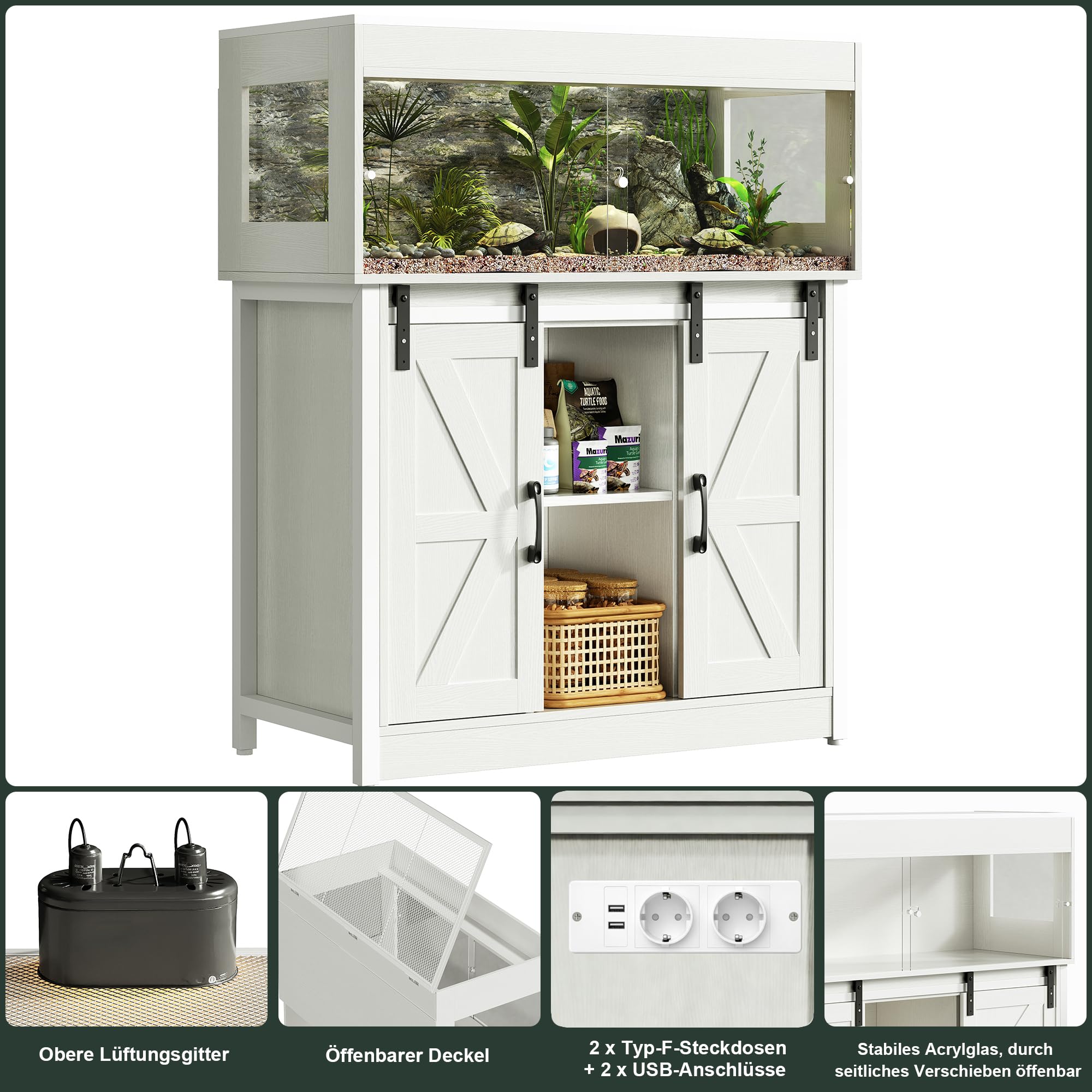 Herture Reptilien Terrarium mit Unterschrank for 90 x 46 x 41 cm Terrarium | 150L Reptilienschrank, Terrarium mit Unterschrank für Bartagame, Schlangen, Jungtiere,Schiebetüren aus Acrylglas, EPX06RTW