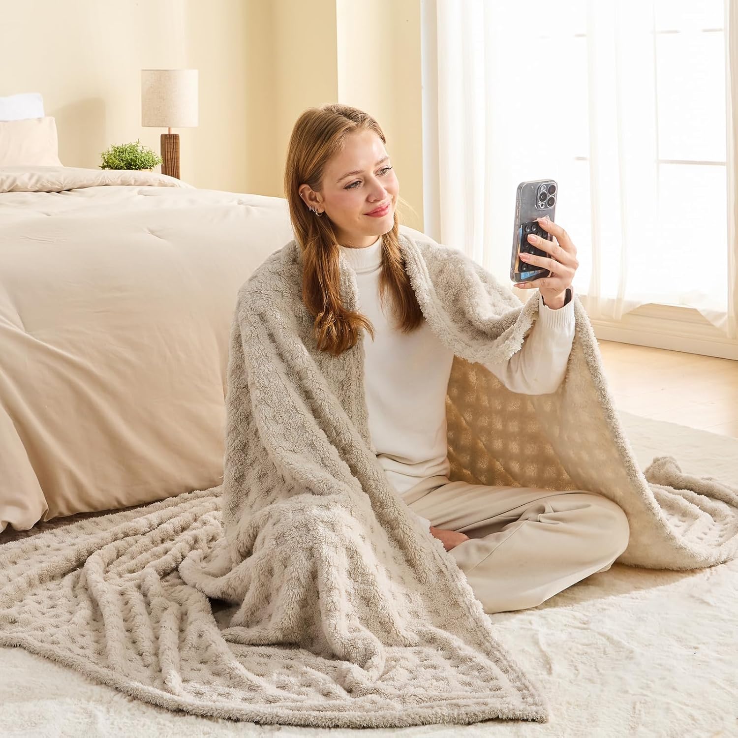 NEWCOSPLAY Super Soft Throw Blanket Linen Premium Silky Flannel Fleece 3D Waffle Checkered Lightweight Bed Blanket All Season Use (Linen, Throw(50"x70")) - Image 3