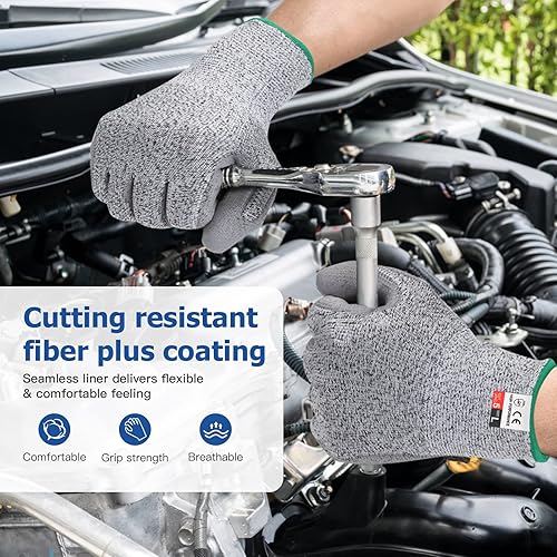 Miniatura 6 de Guantes de trabajo resistentes a cortes de ZWZX, nivel de corte A5, guantes recubiertos de poliuretano, manos antideslizantes, 2 pares