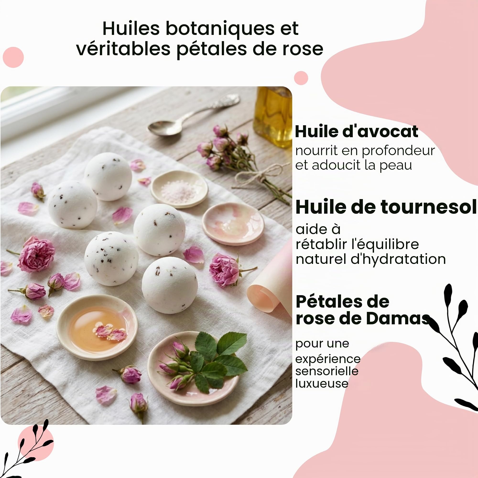Lu.Flo Boules de Bain Femme 5x60 g, Coffret Cadeau Kraft | Pétales de Rose, Huiles d’Avocat et Tournesol, 97,99 % d’Origine Naturelle