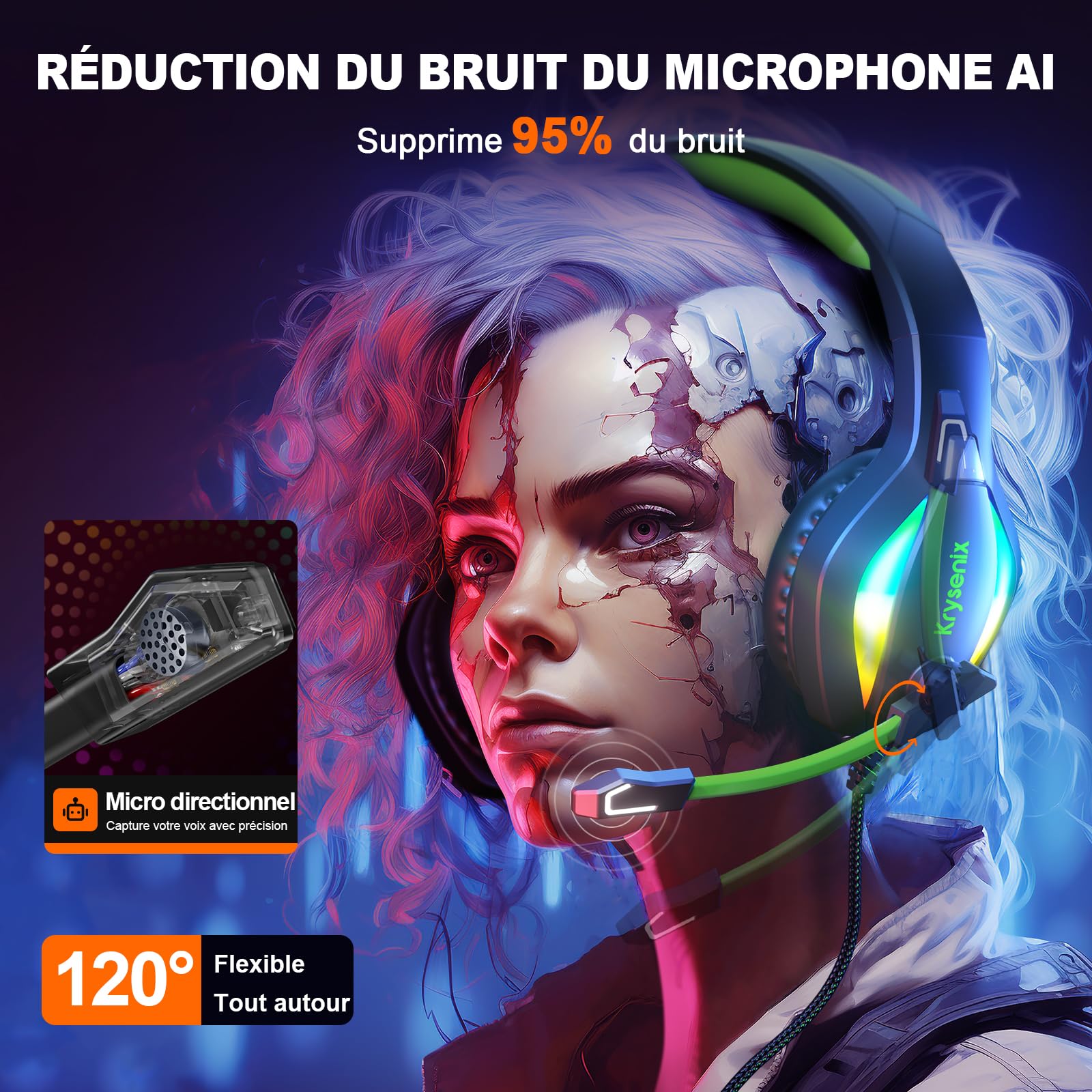 Krysenix PG1 Casque Gaming pour PS4, PS5, PC, Xbox, Nintendo Switch, Casque Gamer avec Son Microphone Stéréo AI, Casque avec Prise Jack 3,5 mm et lumière RVB, Noir/Vert