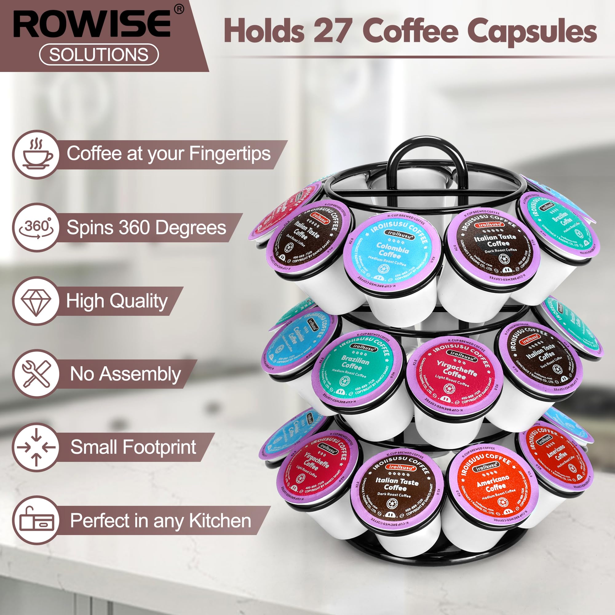 ROWISE Soporte para cápsulas de café, soportes para tazas K, carrusel de cápsulas de café de 3 niveles compatible con tazas K (27 cápsulas), gira 360 grados, diseño negro moderno