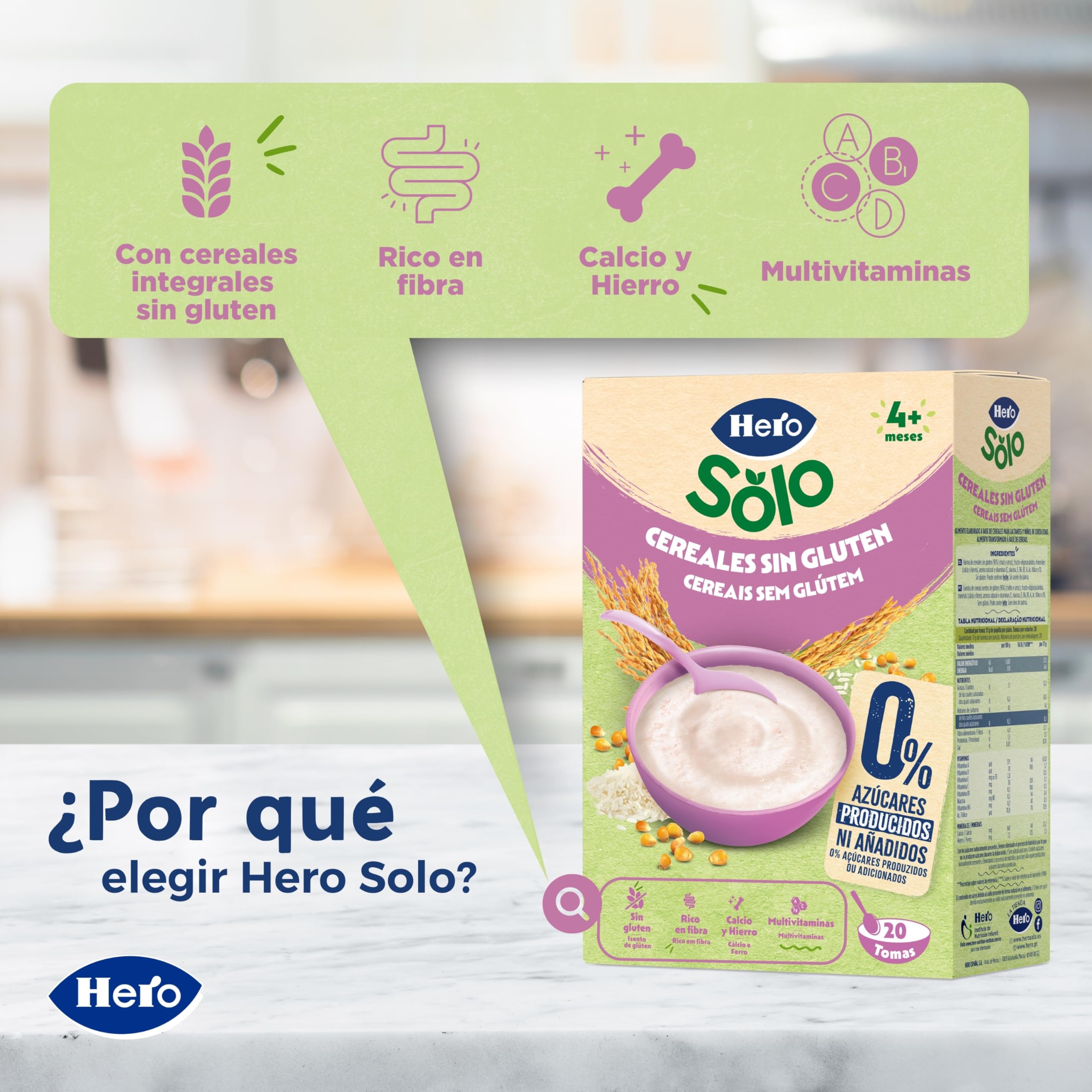 Hero Solo Papilla Cereales Sin Gluten ni Azúcares Añadidos, Rica en Fibras y Vitaminas, Sabor natural para Bebés, a partir de 4 meses