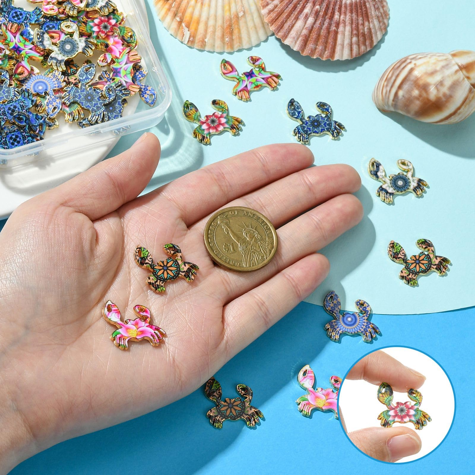 Stiesy 40Pcs 8 Styles Enamel Crab Charms Flower Printed Crab Pendant Charm Sea Animal Dangle Charms for Jewellery Making DIY Bracelet Crafting Gifts - Image 3