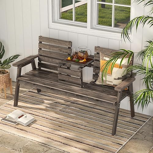 Miniatura 2 de Tangkula Banco de madera de abeto para exteriores con mesa central plegable, banco de jardín para 2-3 personas con respaldo y reposabrazos,