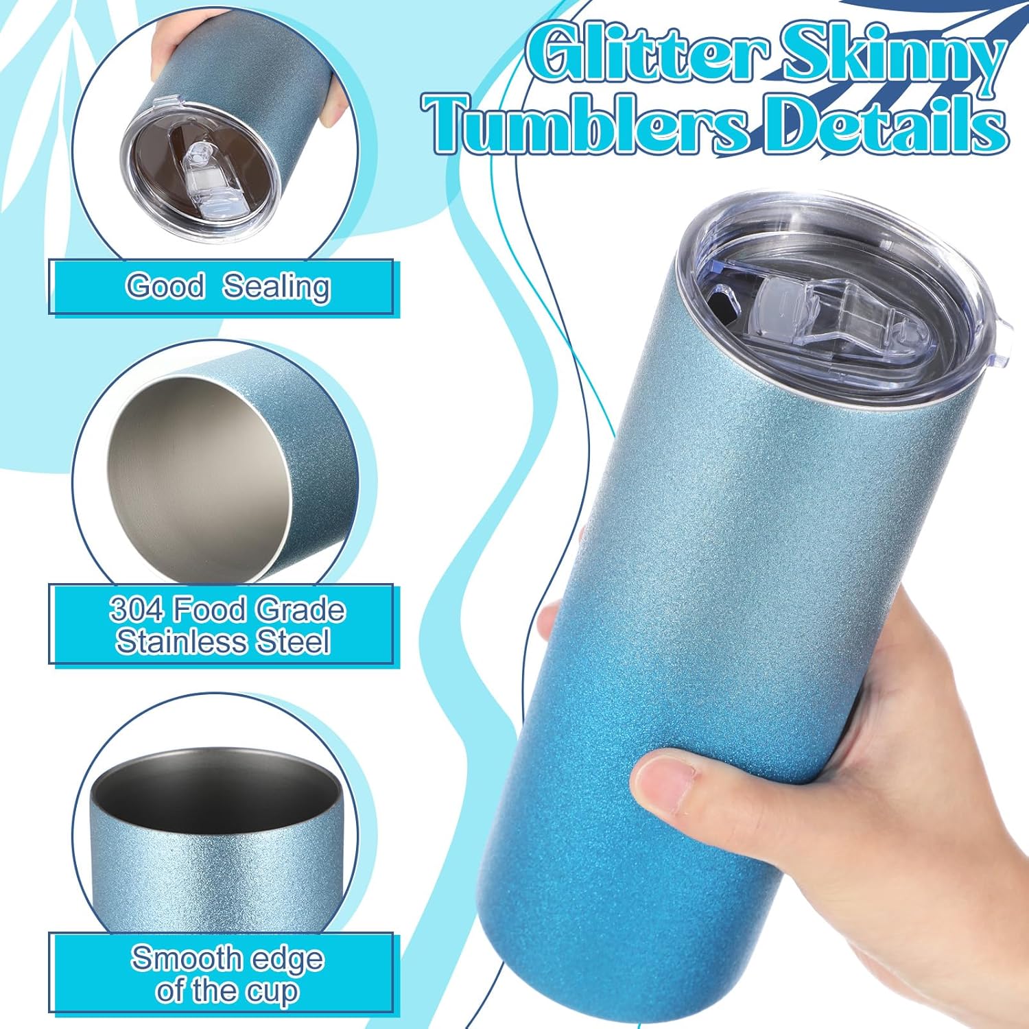 Patelai 4 Pcs Glitter Skinny Tumblers 20 oz Insulated Stainless Steel Tumbler with Lid and Straw Green and Blue Gradient Travel Water Cups for Hot Cold Drink