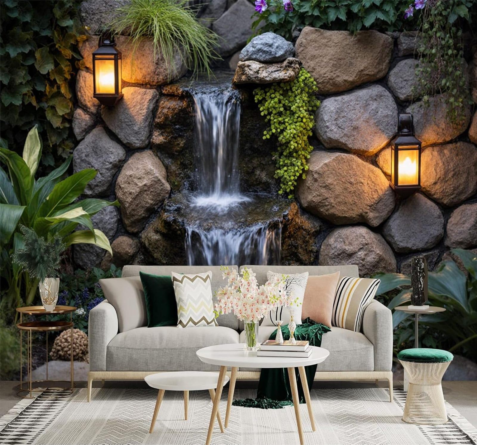Xlming 350Cm×256Cm(B×H) Three Dimensional Waterfall Stone Wall Lanterns Greenery 3D Wallpaper Premium Textured Silk Study Dining Living Room Bedroom Sofa Tv Wall Easy Install-350Cm×256Cm