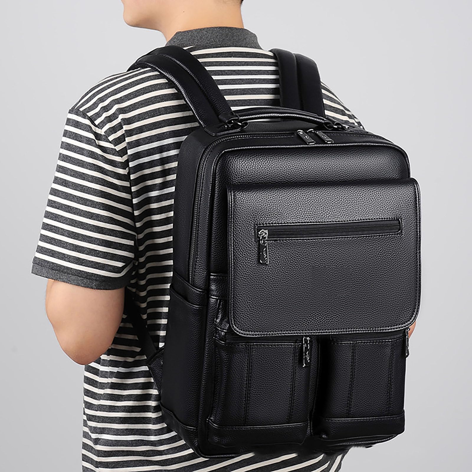 Mochila de cuero de la PU de los hombres, mochila casual de gran capacidad para computadora negra para viajes de ocio de oficina de la escuela de negocios