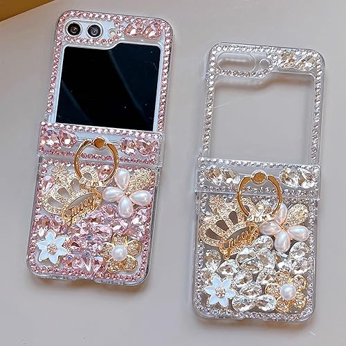 Miniatura 6 de Funda para Samsung Galaxy Z Flip 5 con purpurina y soporte para anillo de protección de bisagra, bonita y lujosa corona 3D de diamantes de imitación