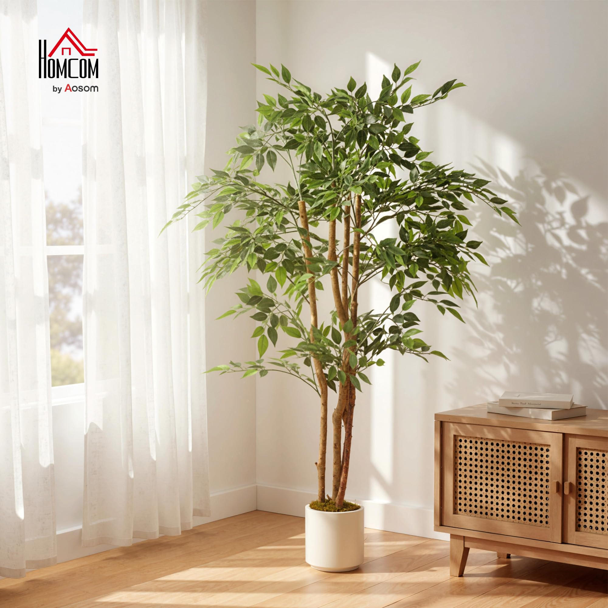 HOMCOM Pianta Artificiale di Baniano con Rami Orientabili e Vaso Contenitore Bianco in PP e Cemento, Pianta Verde in PEVA e Legno, per Interno, Ufficio, Soggiorno, Camera da Letto, 65x65x150 cm