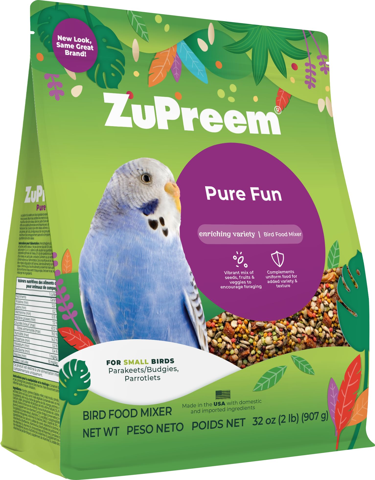 ZuPreem Pure Fun Bird Food, Parakeet, Budgie, Parrotlet, Dove, Seed and Pellet Blend for Small Birds, Food Mixer Topper, Enriching Variety, Made in USA, Bird Seed, Parakeet Food (S, 2 lbs)