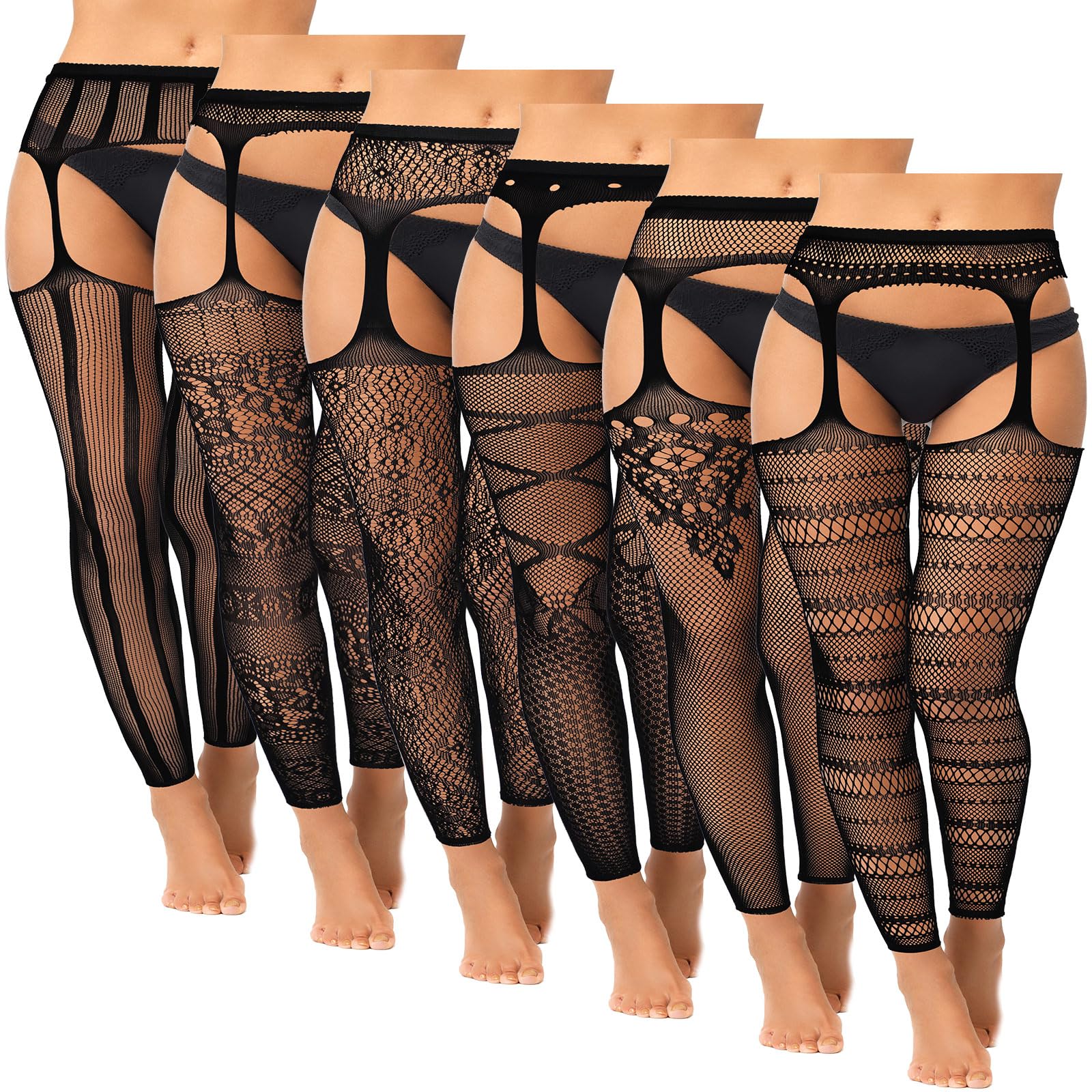 Skylety 6 Pairs Fishnet Stockings for Women Plus Size Thigh-high Tights Stockings Suspender Pantyhose Garter Belts