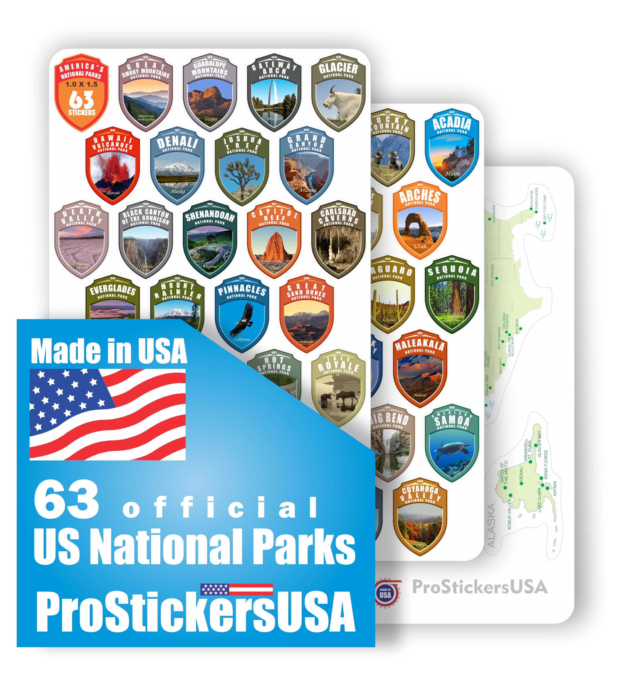 1 x 1.5 inch. 63 Stickers Set All National Parks USA with Location Map. Weatherproof Bucket List Passport Book National Parks Colors Vinyl Stickers. Decals for Travel Book, Bottles, Laptop, Phone.